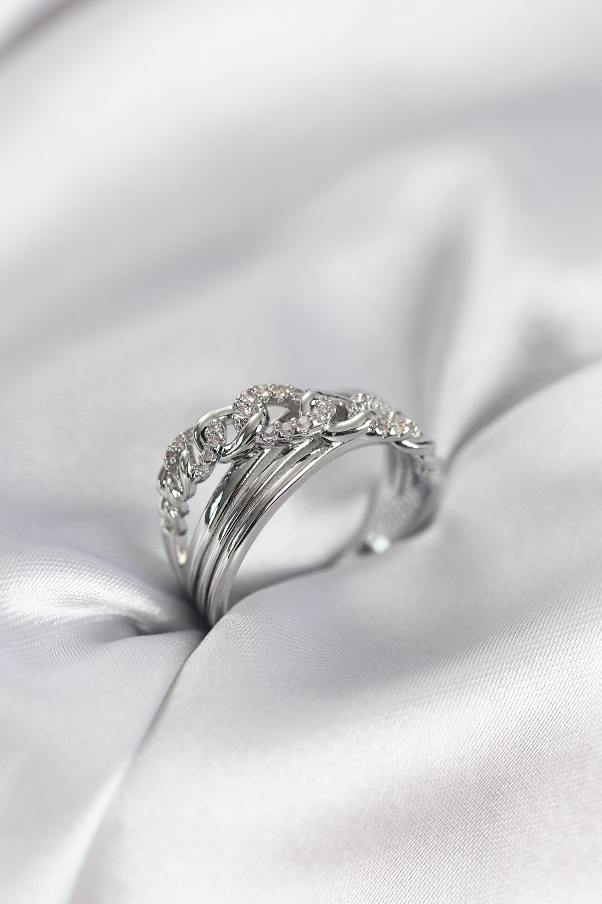 Gümüş Renk Zirkon Taşlı Zincir Model Kadın Yüzük - Lisinya