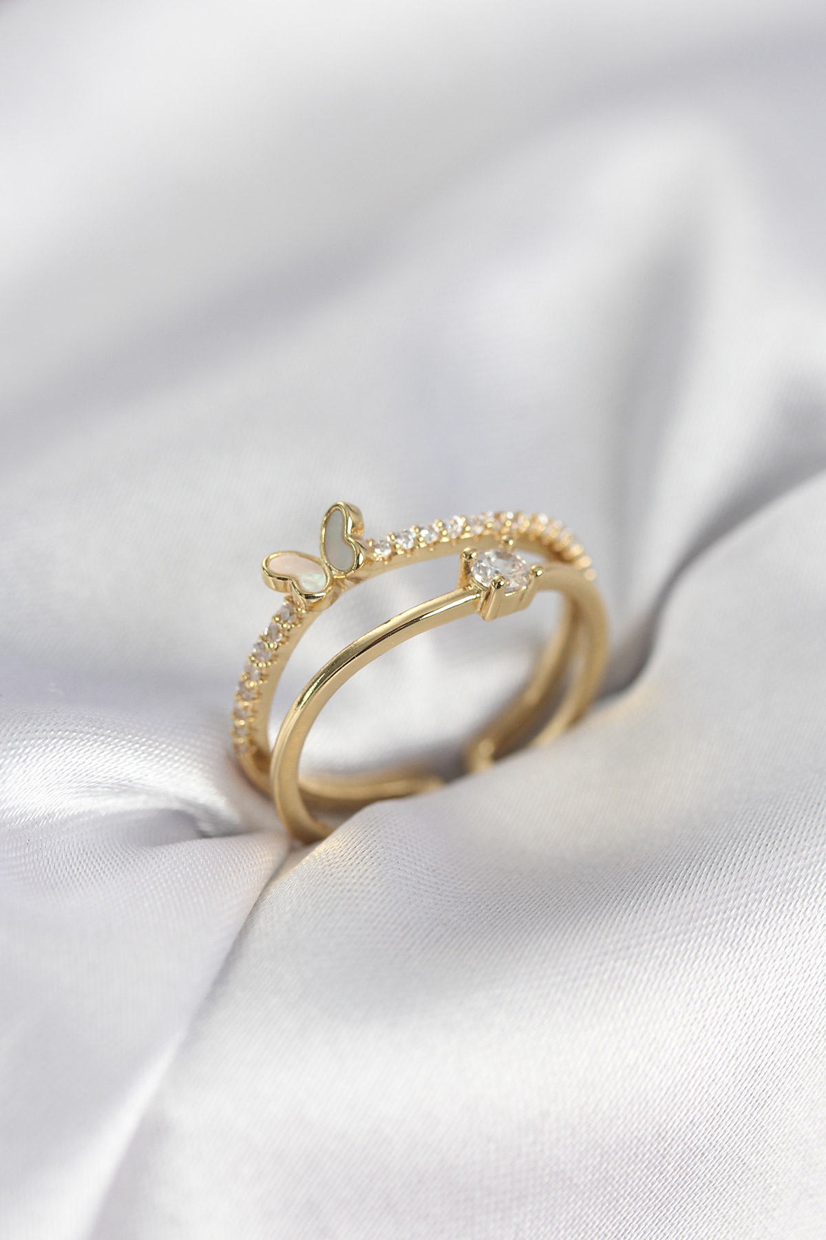 Gold Renk 2'li Zirkon Taşlı Kelebek Model Kadın Yüzük - Lisinya