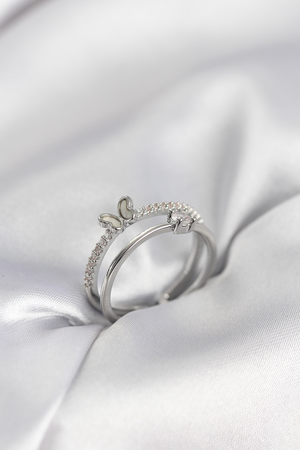 Gümüş Renk 2'li Zirkon Taşlı Kelebek Model Kadın Yüzük - Lisinya