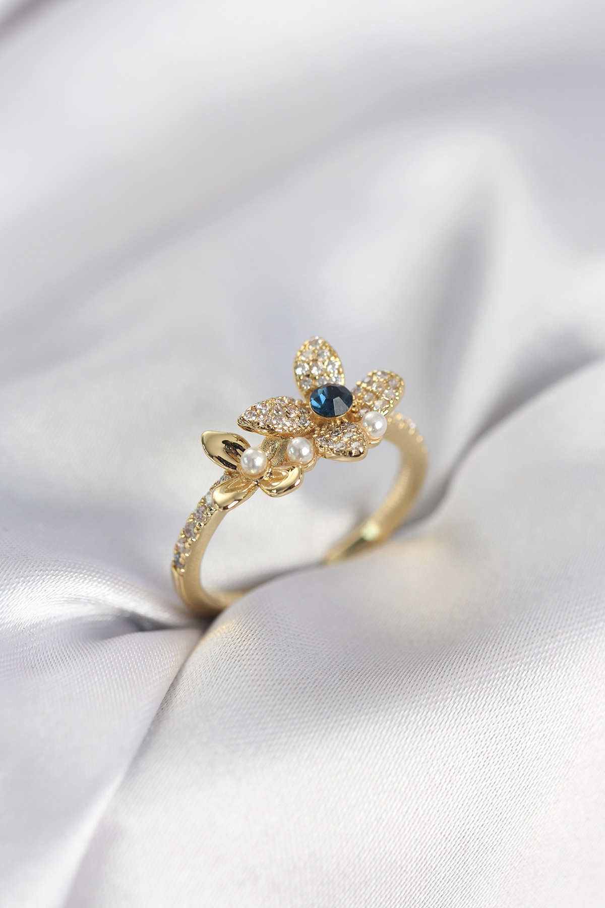 Gold Renk Çiçek Model Zirkon Taşlı Kadın Yüzük - Lisinya