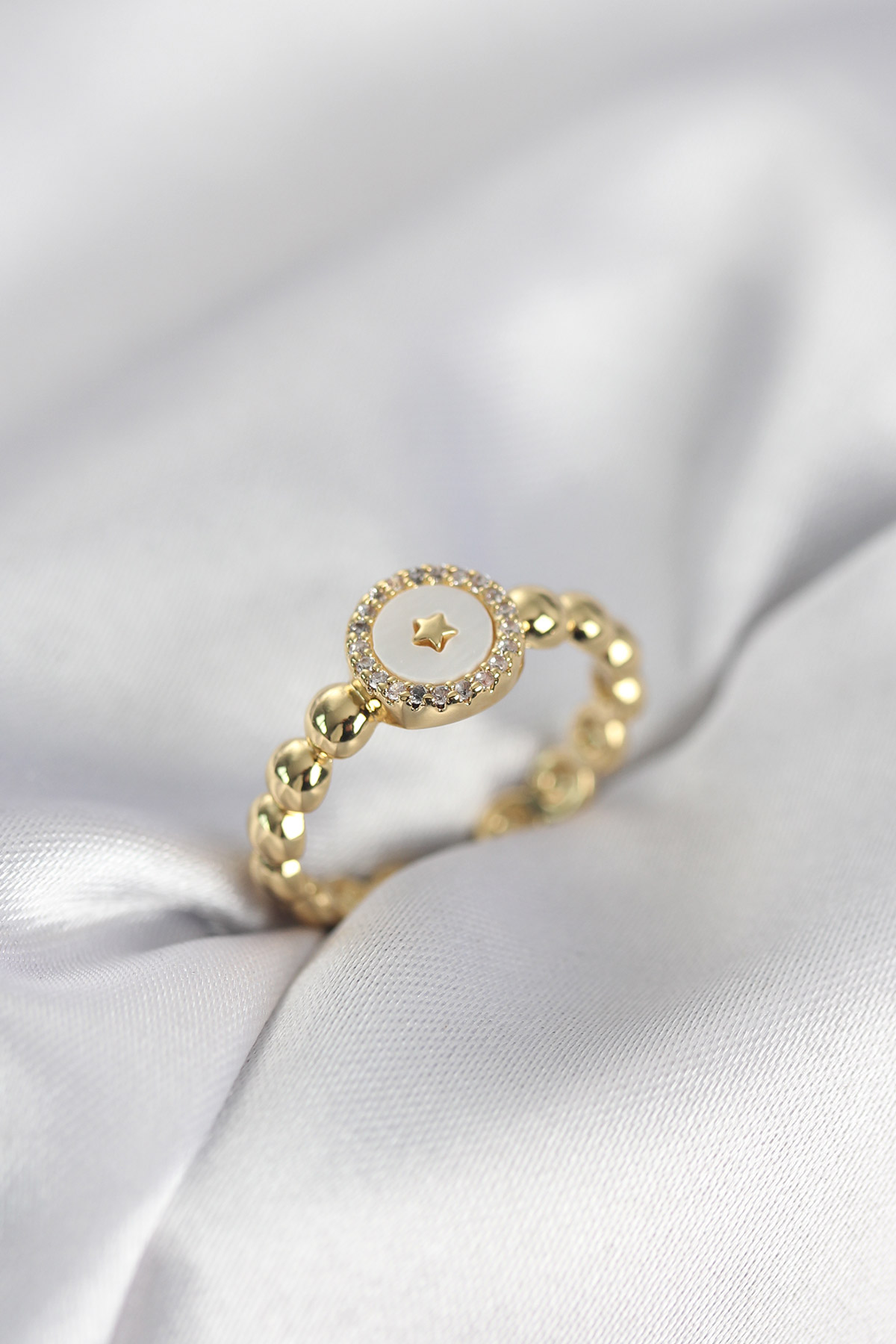 Gold Renk Sedefli Yıldız Model Zirkon Taşlı Kadın Yüzük - Lisinya