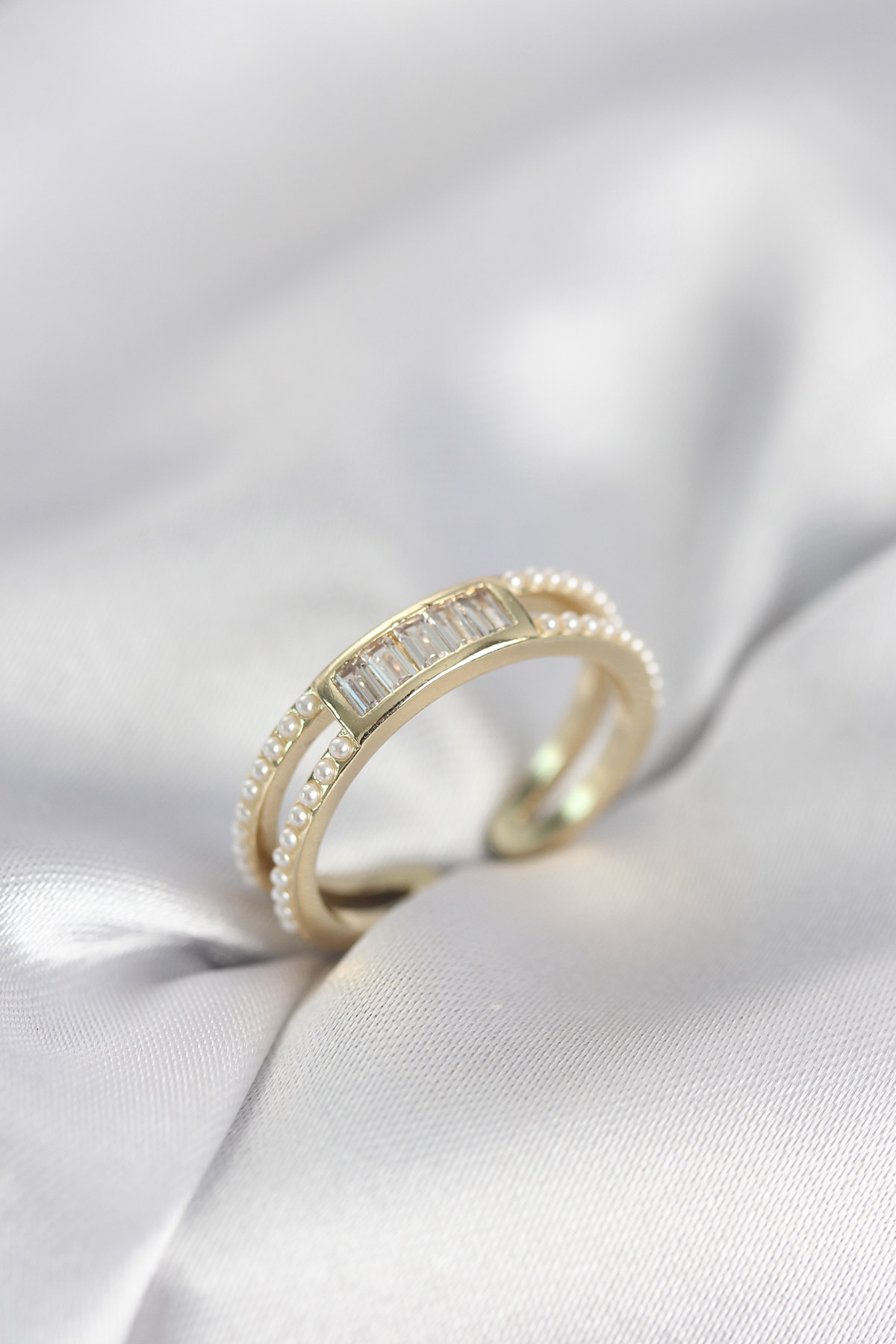 Baget Zirkon Taşlı Gold Renk İncili Kadın Yüzük - Lisinya