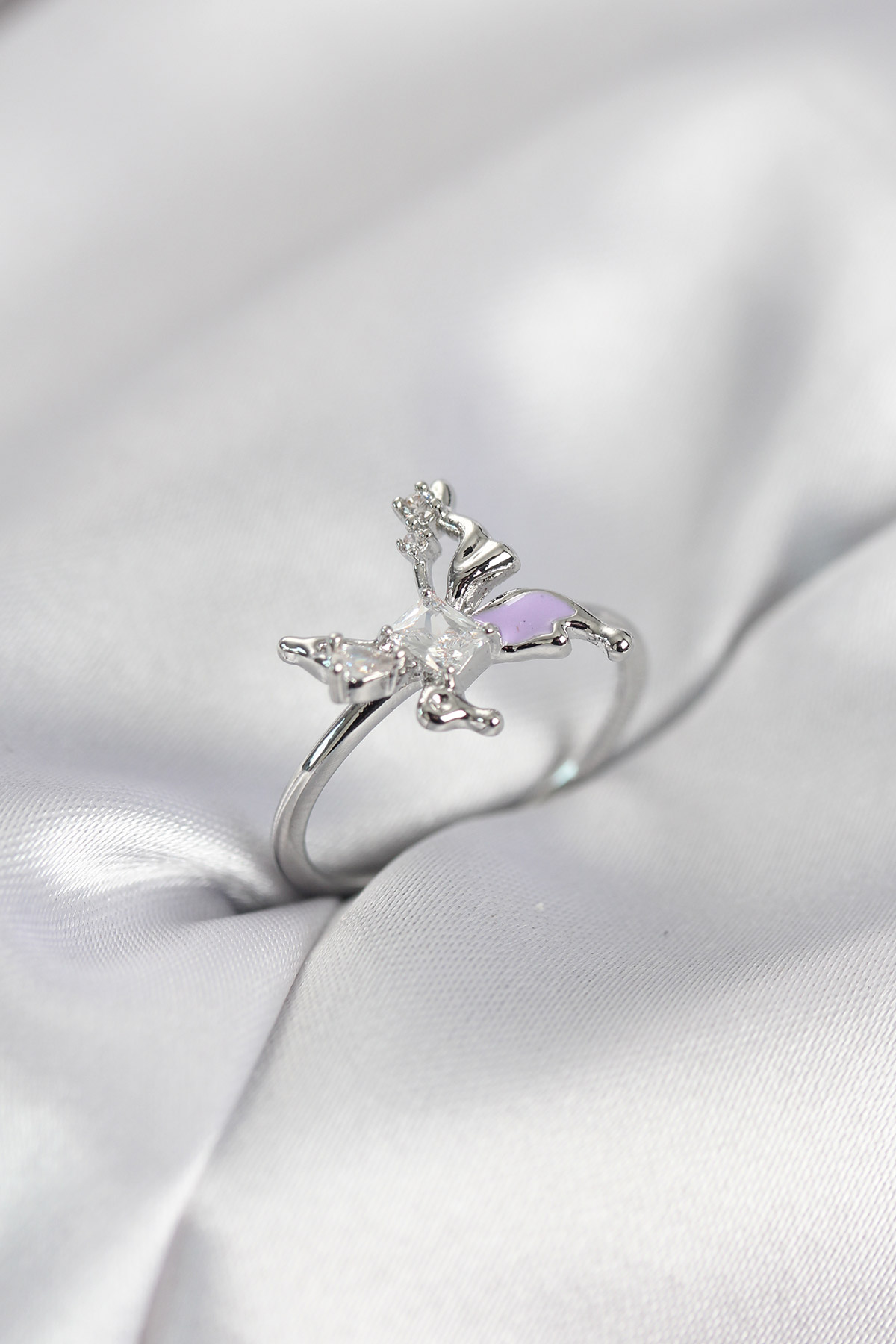 Gümüş Renk Kelebek Model Zirkon Taşlı Kadın Yüzük - Lisinya