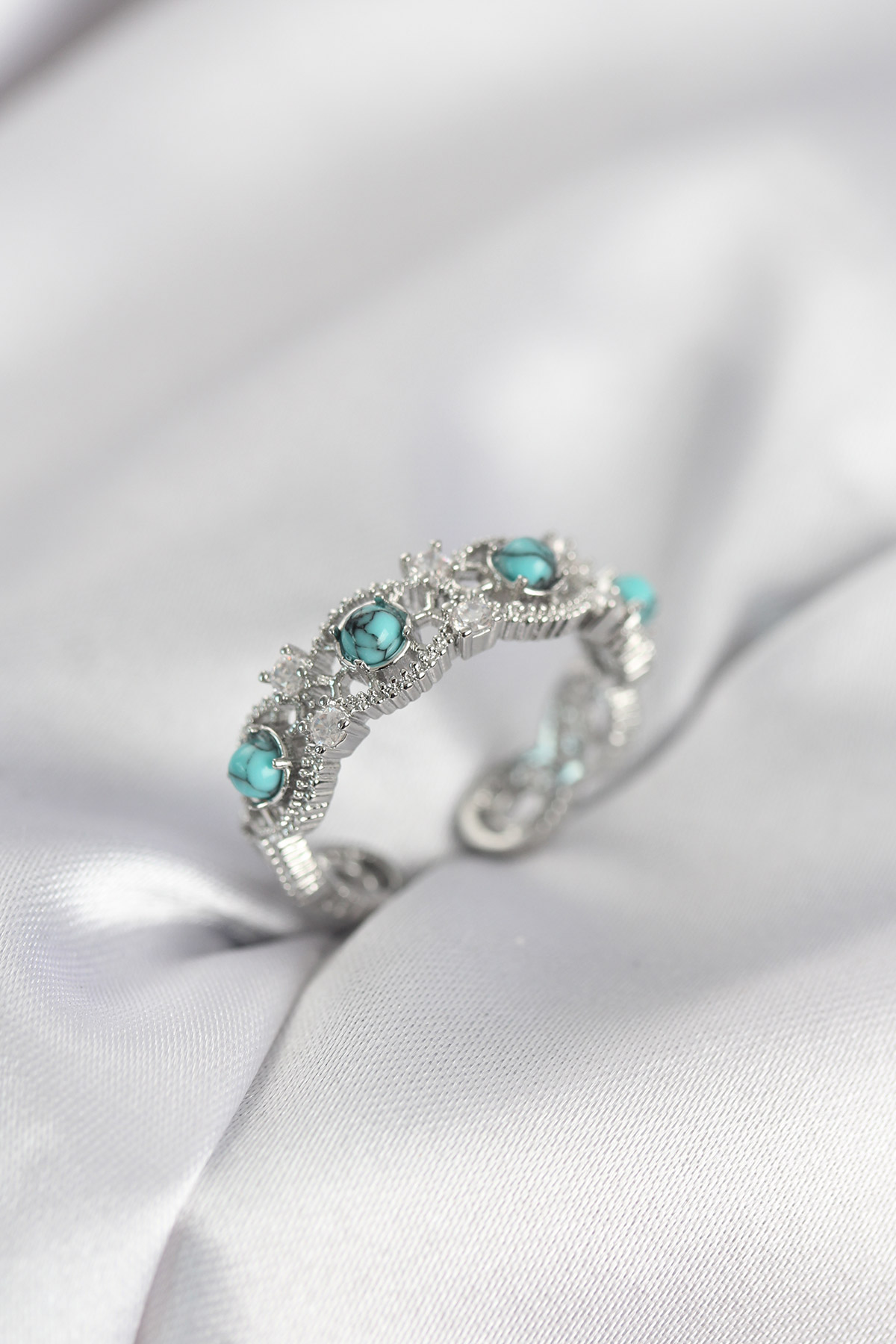 Mavi Taşlı Gümüş Renk Vintage Kadın Yüzük - Lisinya