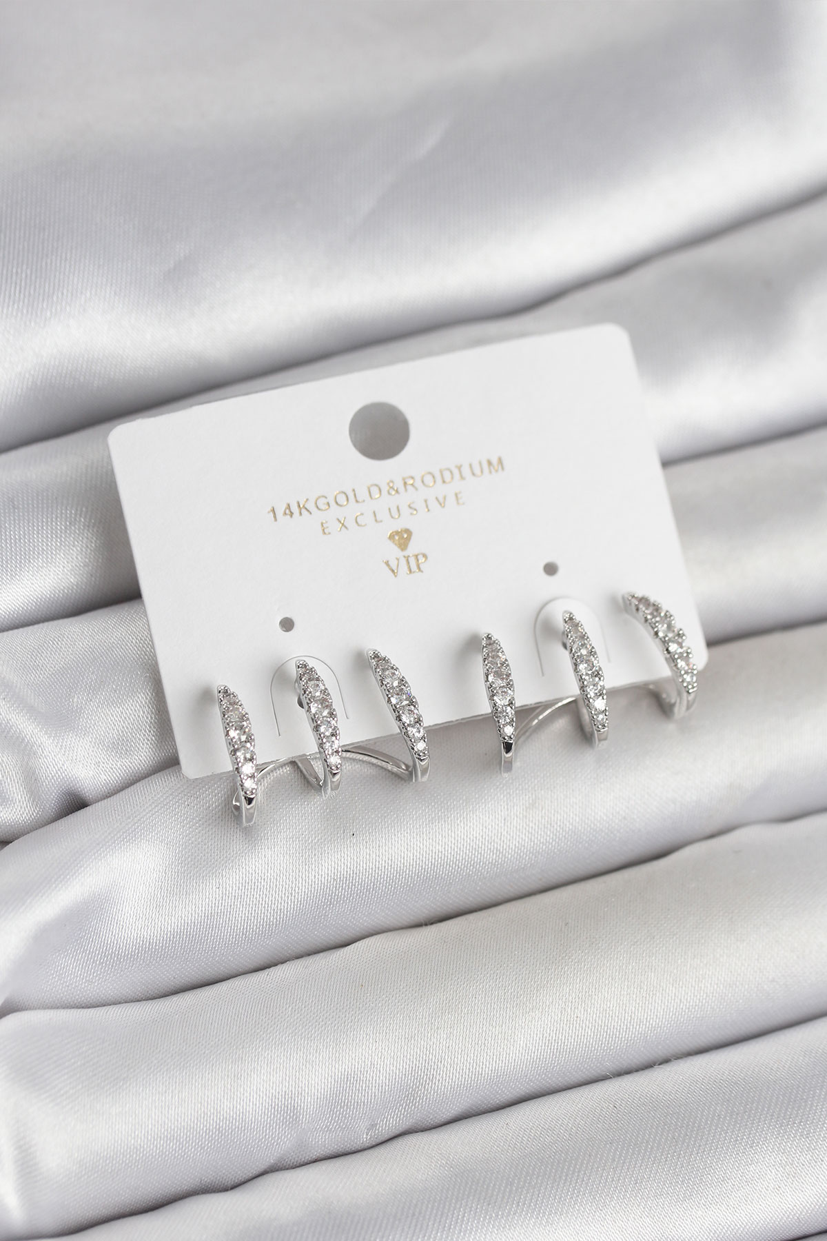 Gümüş Renk Pirinç Zirkon Taşlı Kadın Küpe - Lisinya