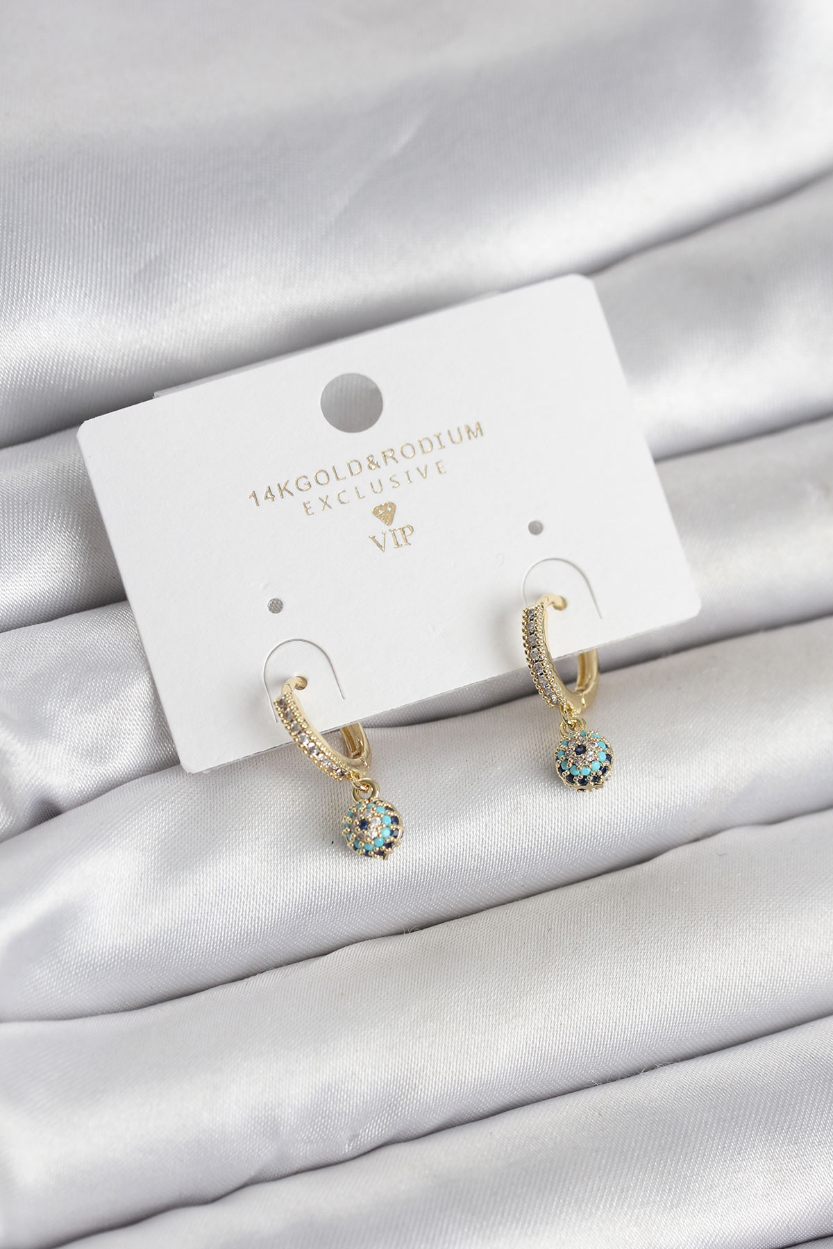 Minimal Nazarlı Model Gold Renk Zirkon Taşlı Kadın Küpe - Lisinya