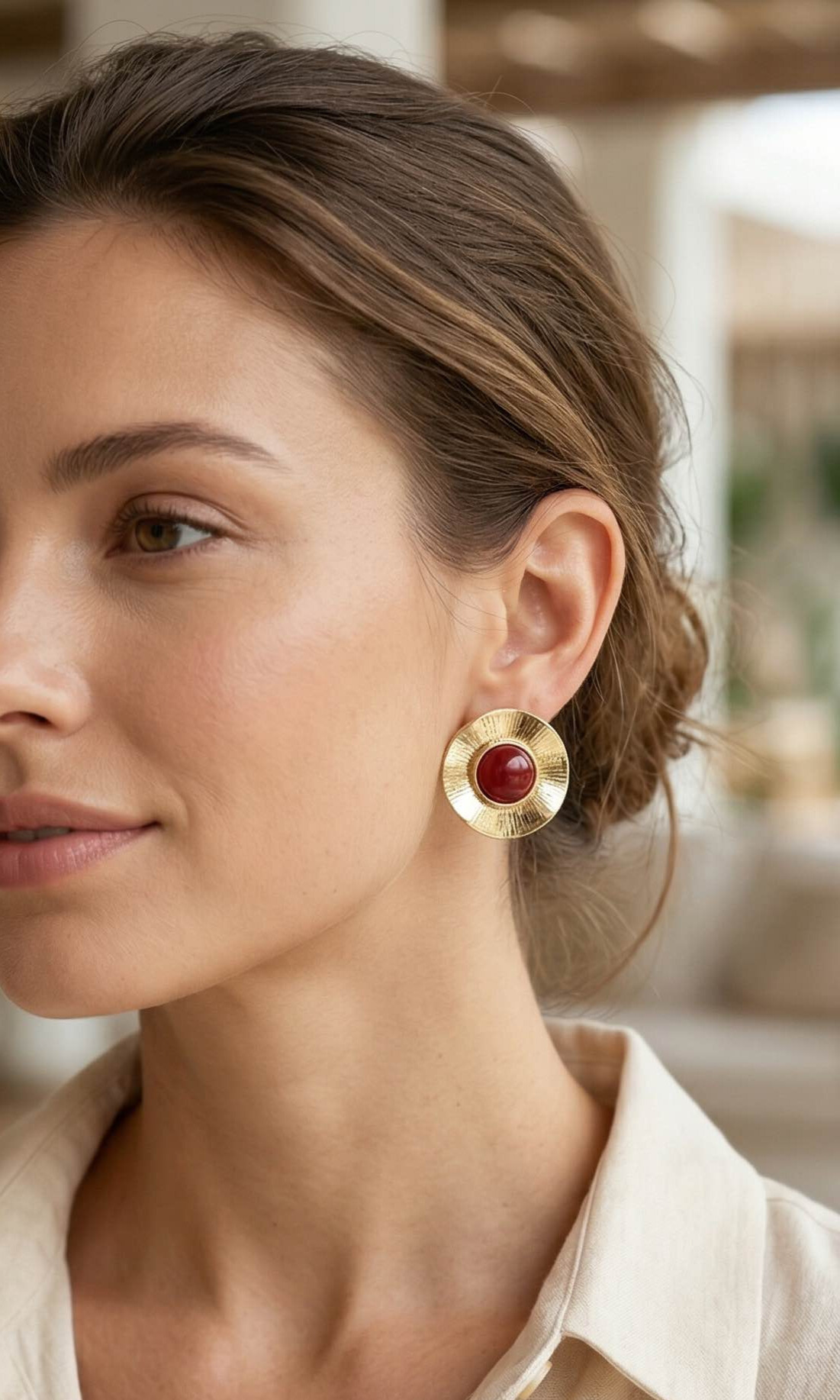 Vintage Model Bordo Gold Renk Pirinç Kadın Küpe - Lisinya