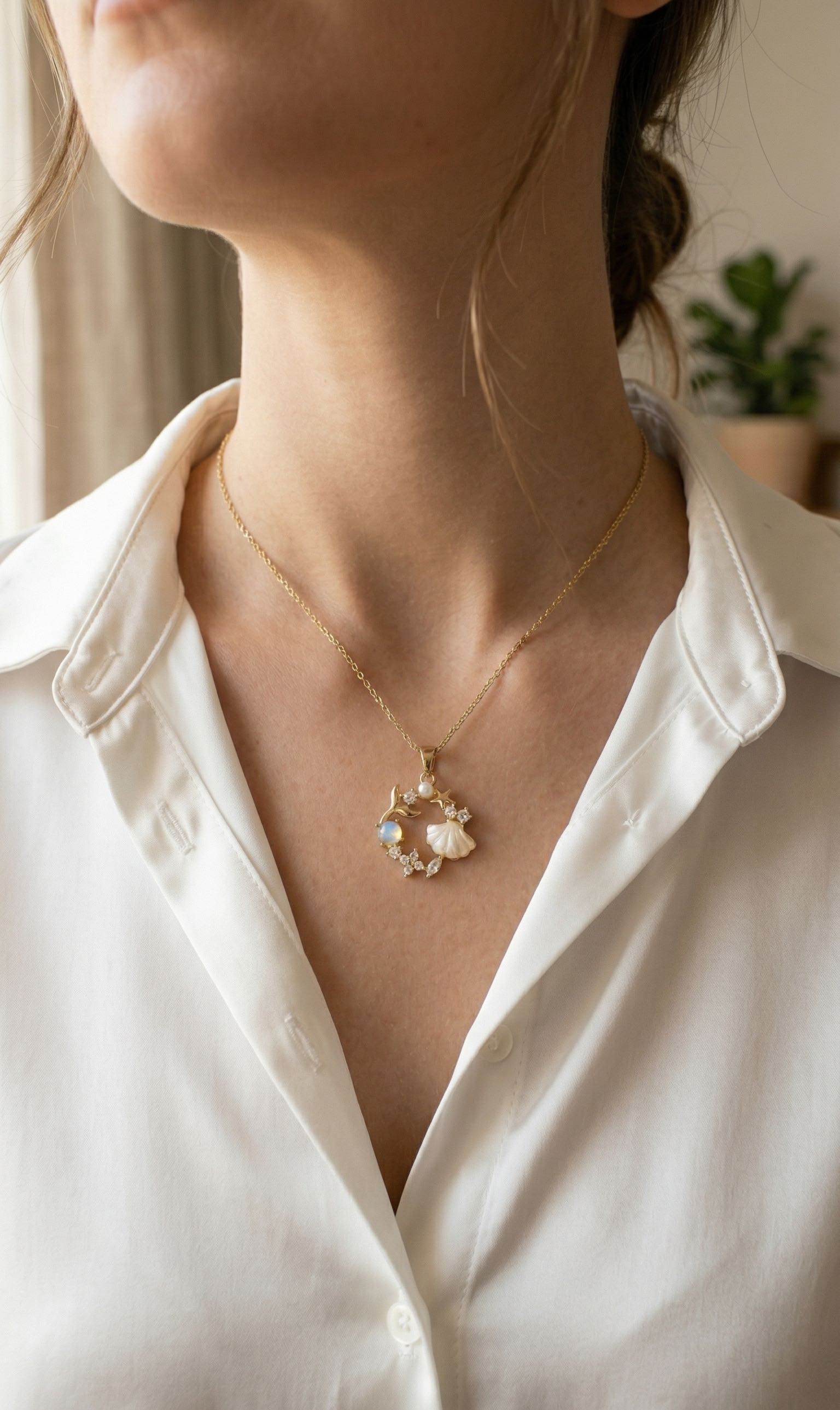 316L Çelik Zincir Gold Renk Deniz Tema Model Zirkon Taşlı Kadın Kolye - Lisinya