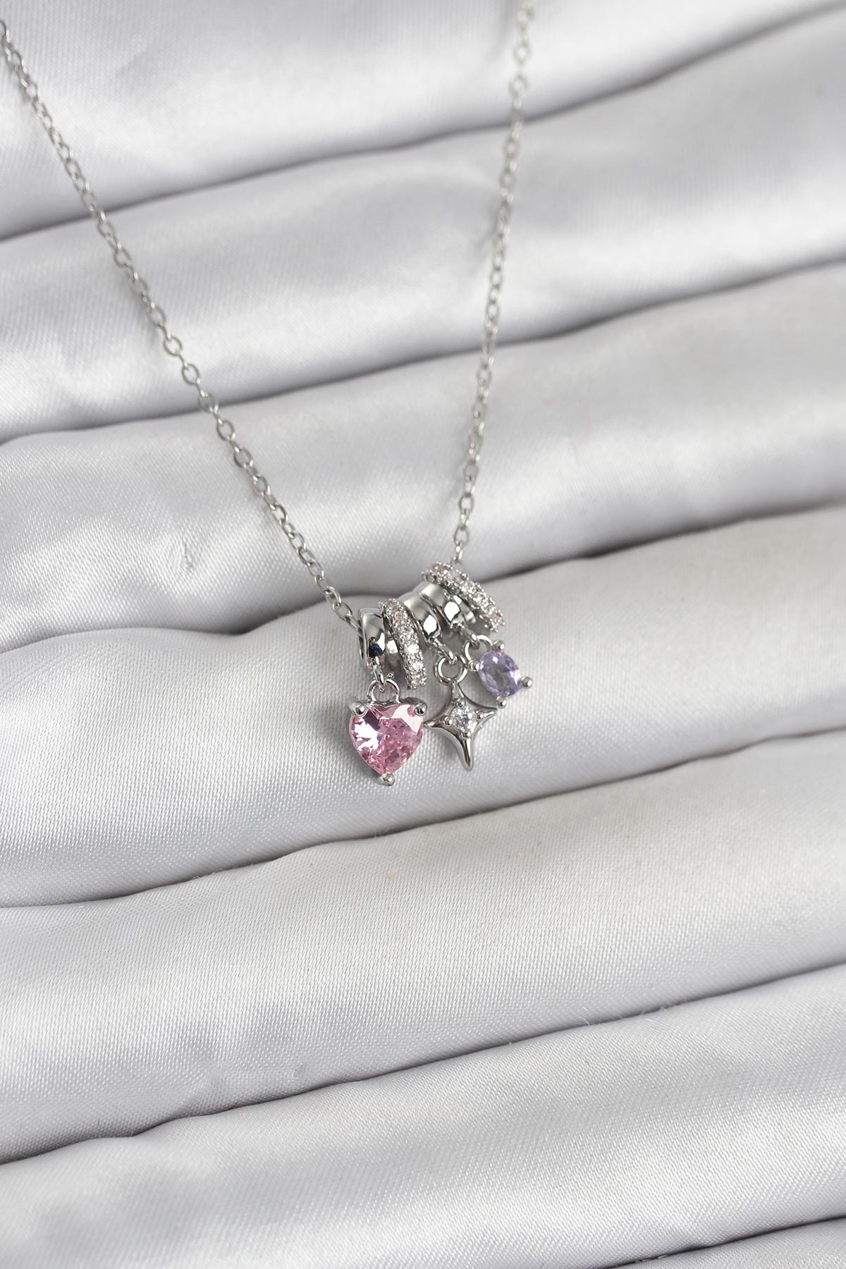 316L Çelik Gümüş Pembe Zirkon Taşlı Charmlı Kadın Kolye - Lisinya