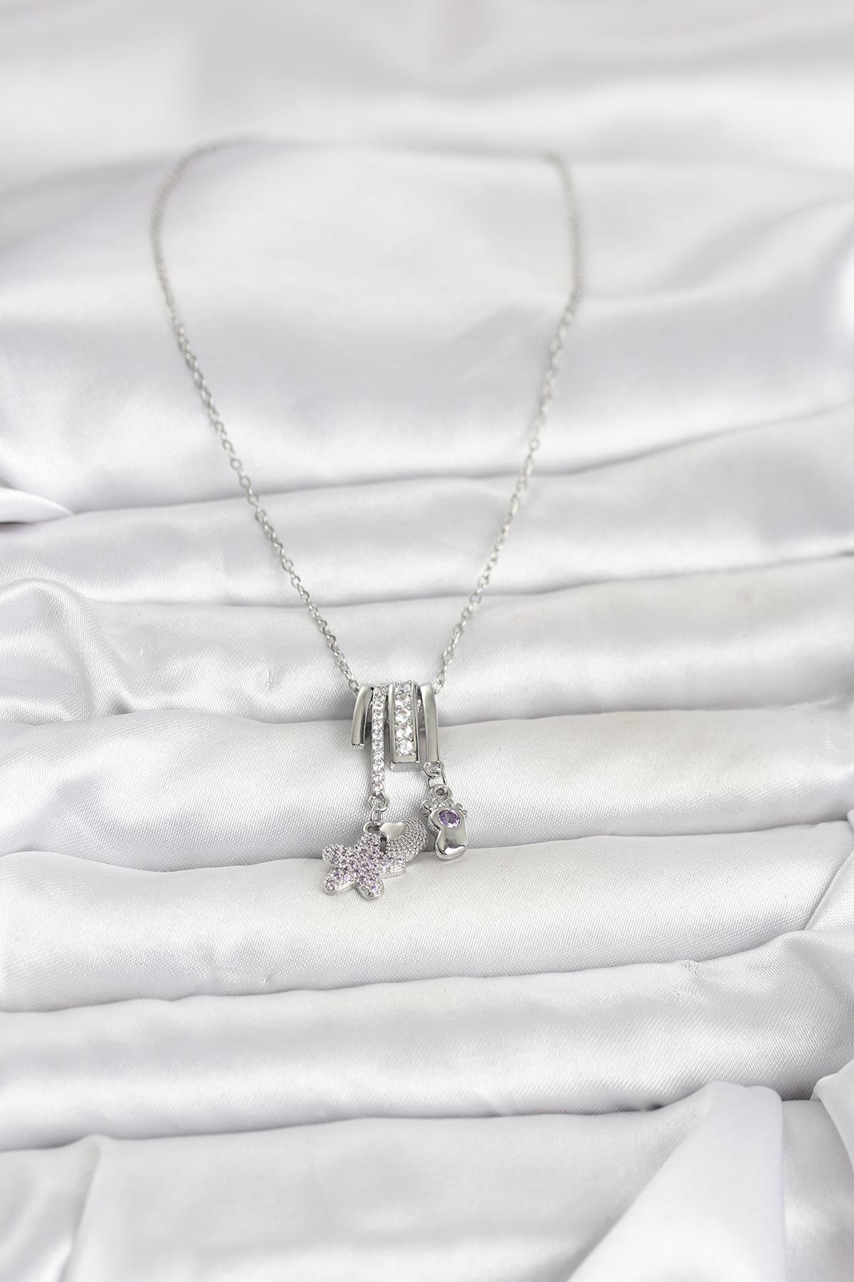 316L Çelik Gümüş Zirkon Taşlı Deniz Tema Charmlı Kadın Kolye - Lisinya