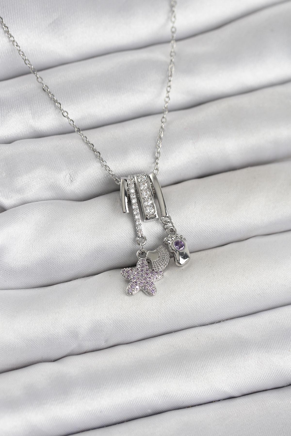 316L Çelik Gümüş Zirkon Taşlı Deniz Tema Charmlı Kadın Kolye - Lisinya