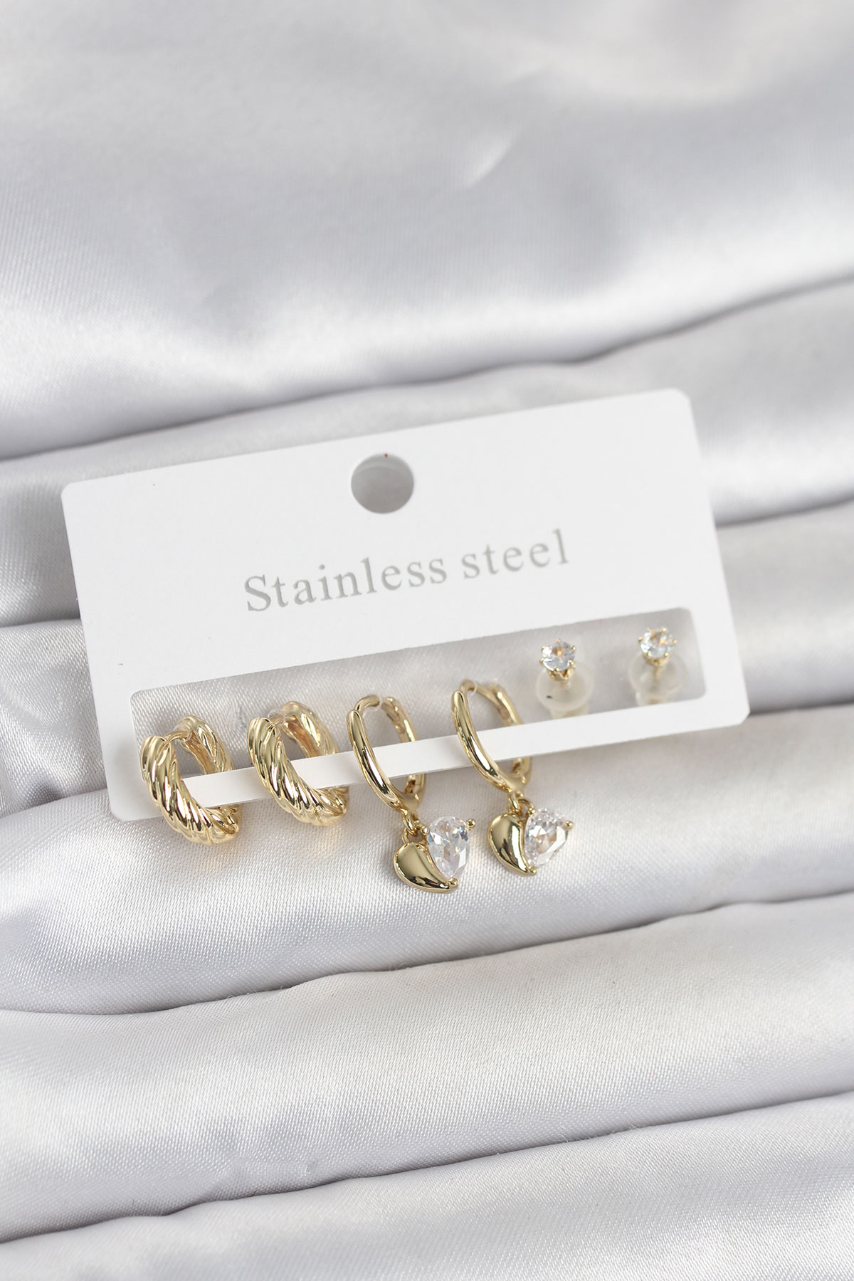 316L Çelik Gold Renk Kalp Detaylı Kadın Küpe Seti - Lisinya