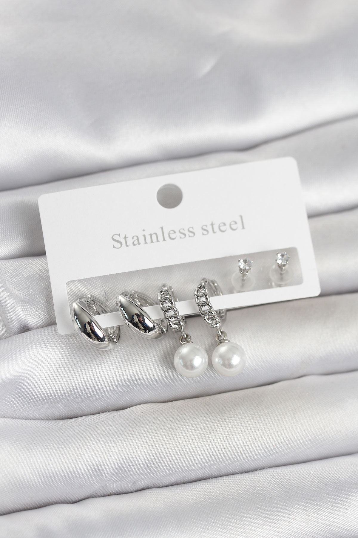 316L Çelik Gümüş Renk inci Halka Detaylı Kadın Küpe Seti - Lisinya