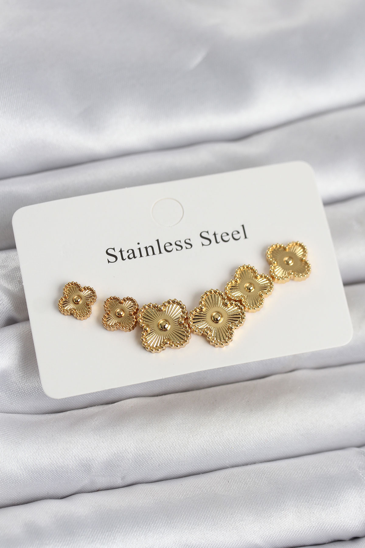 316L Çelik Gold Renk Yonca Küpe Seti - Lisinya