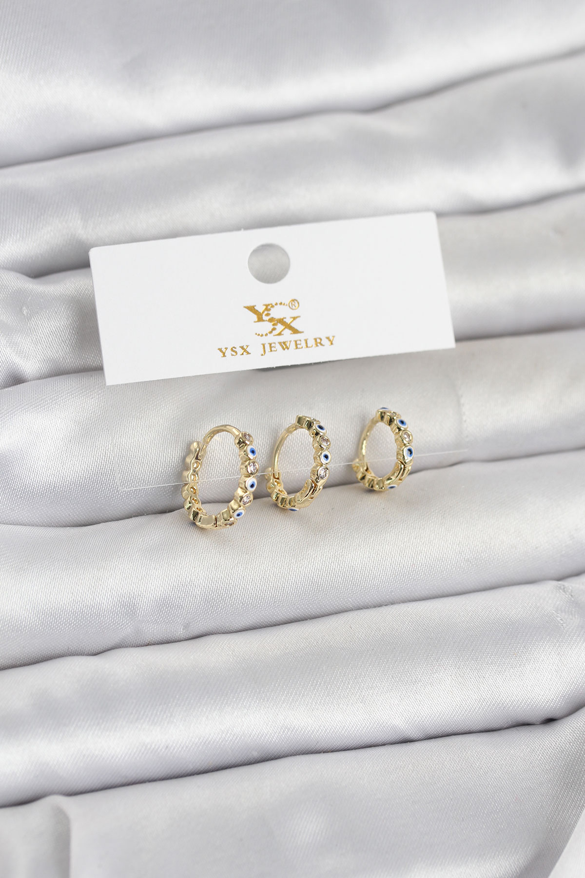 Pirinç Gold Renk Nazarlı Model 3'lü Kadın Küpe - Lisinya Pirinç Gold Renk Nazarlı Model 3'lü Kadın Küpe - Lisinya