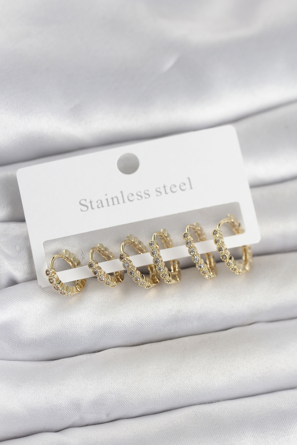 316L Çelik Gold Renk Zirkon Taşlı Halka Model Kadın Küpe Seti - Lisinya