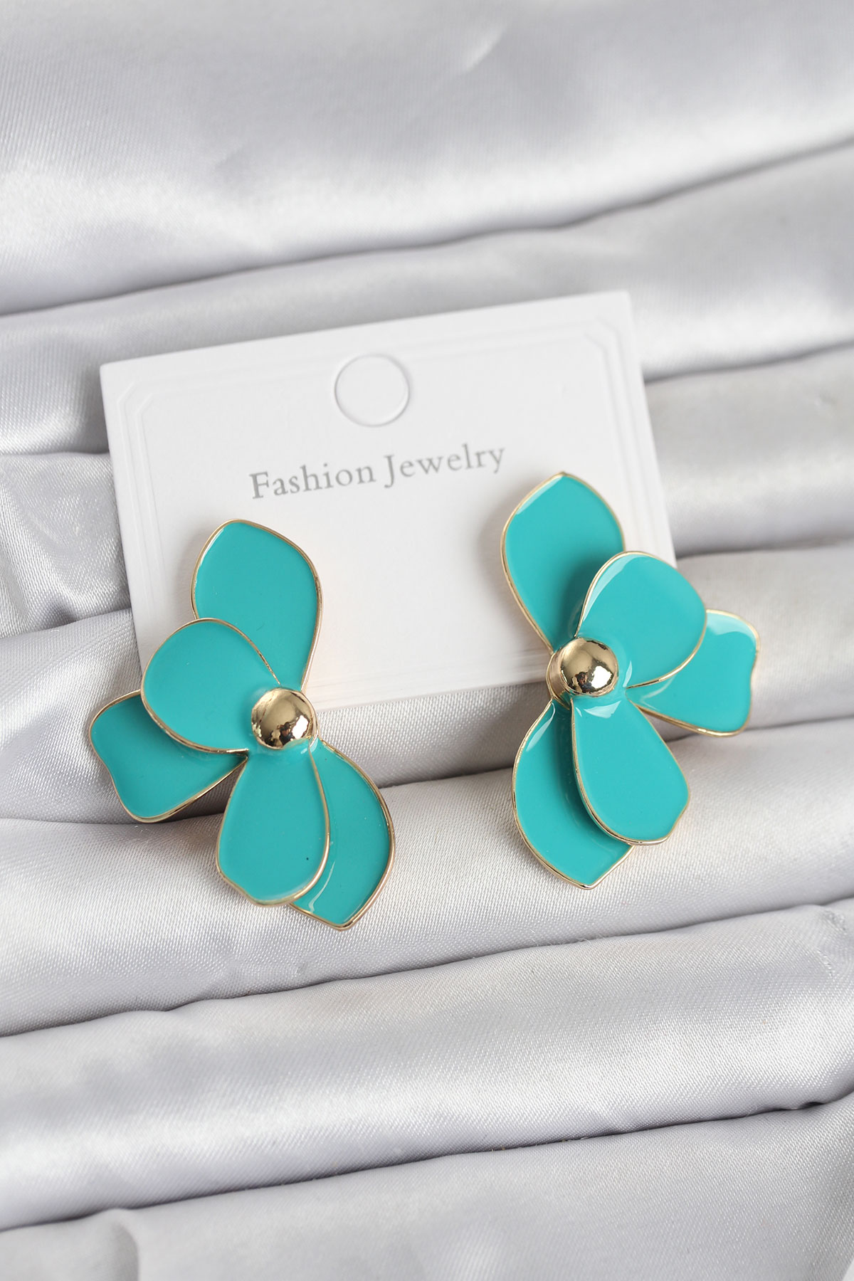 Turkuaz Mineli Lotus Model Pirinç Kadın Küpe - Lisinya