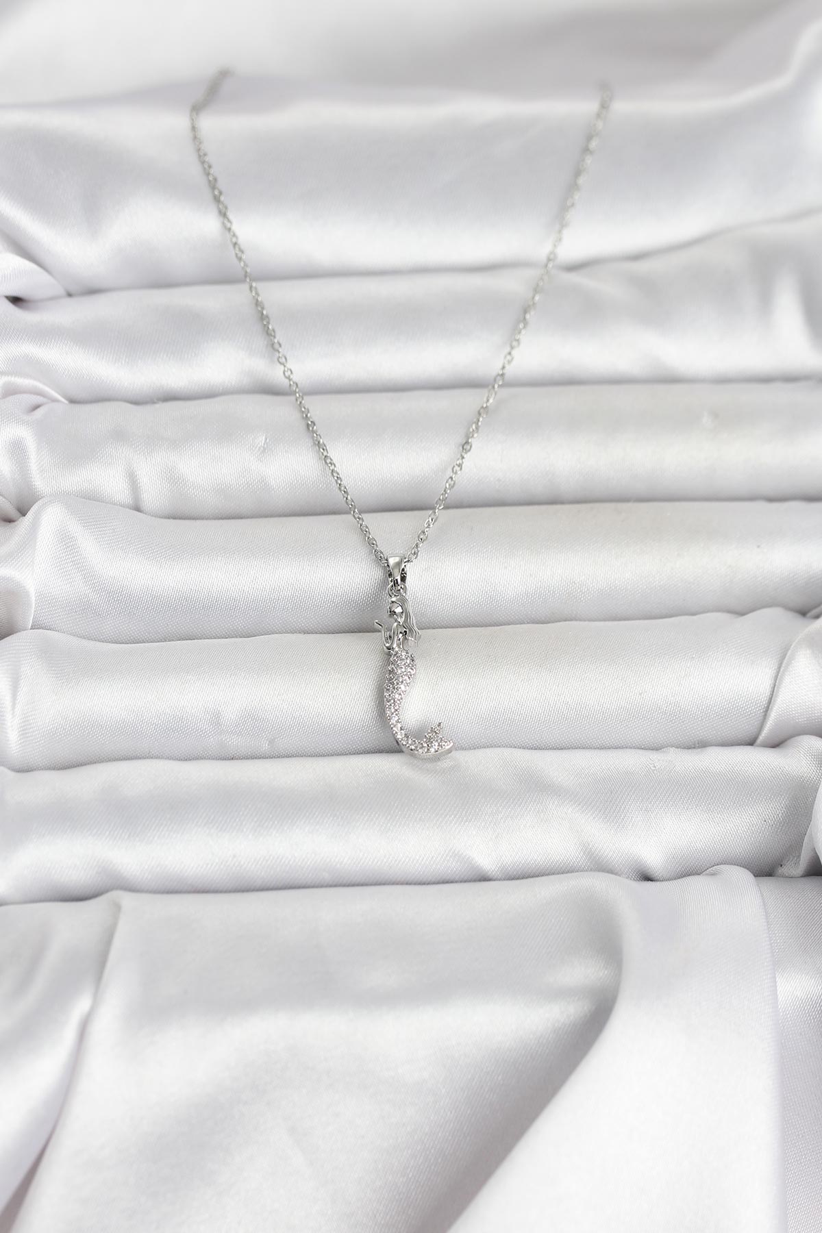 316L Çelik Zincir Gümüş Renk Zirkon Taşlı Deniz Kızı Model Kadın Kolye - Lisinya