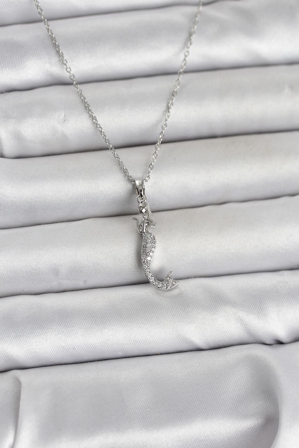 316L Çelik Zincir Gümüş Renk Zirkon Taşlı Deniz Kızı Model Kadın Kolye - Lisinya