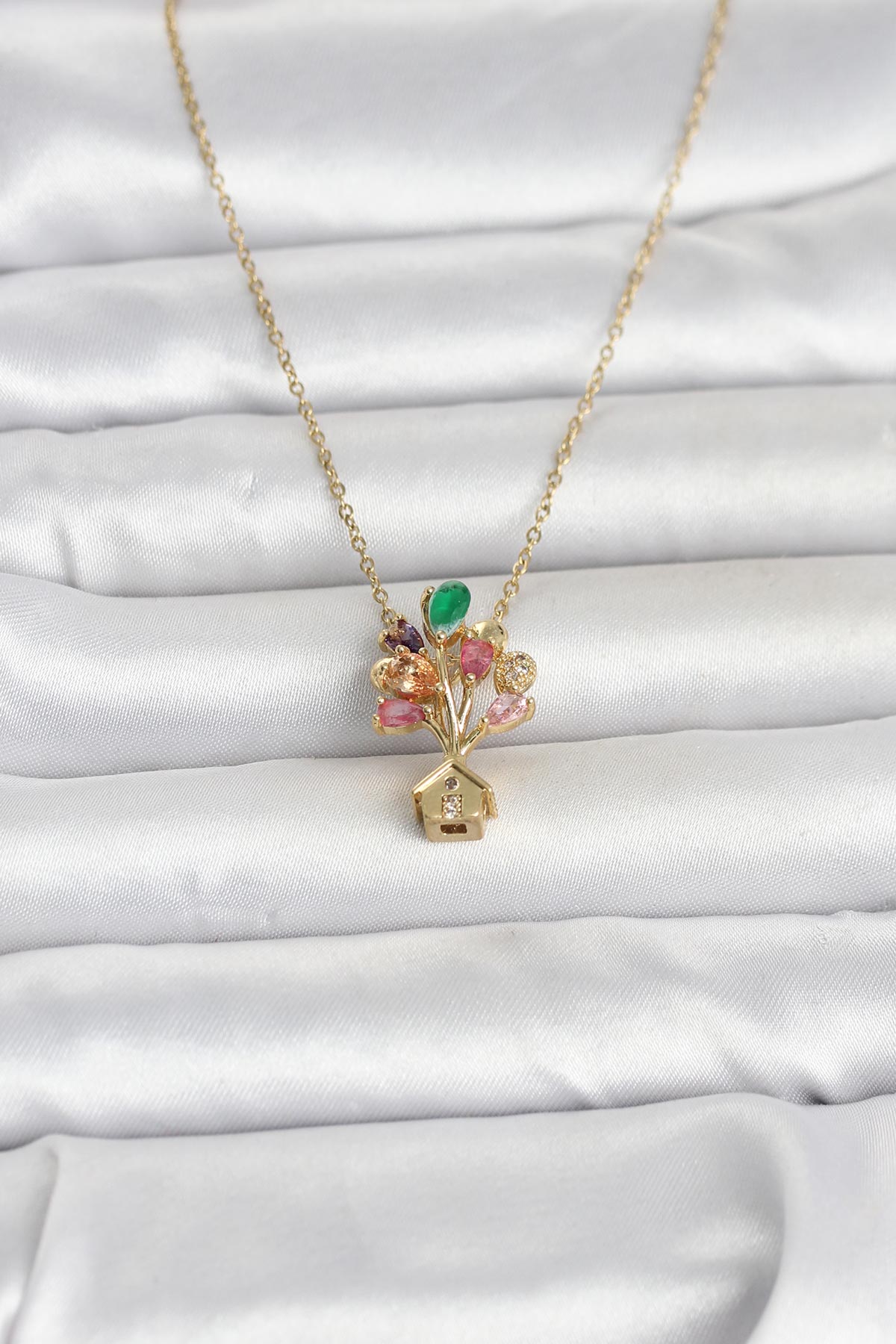 316L Çelik Zincir Gold Renk Uçan Balon Ev Figür Kadın Kolye - Lisinya