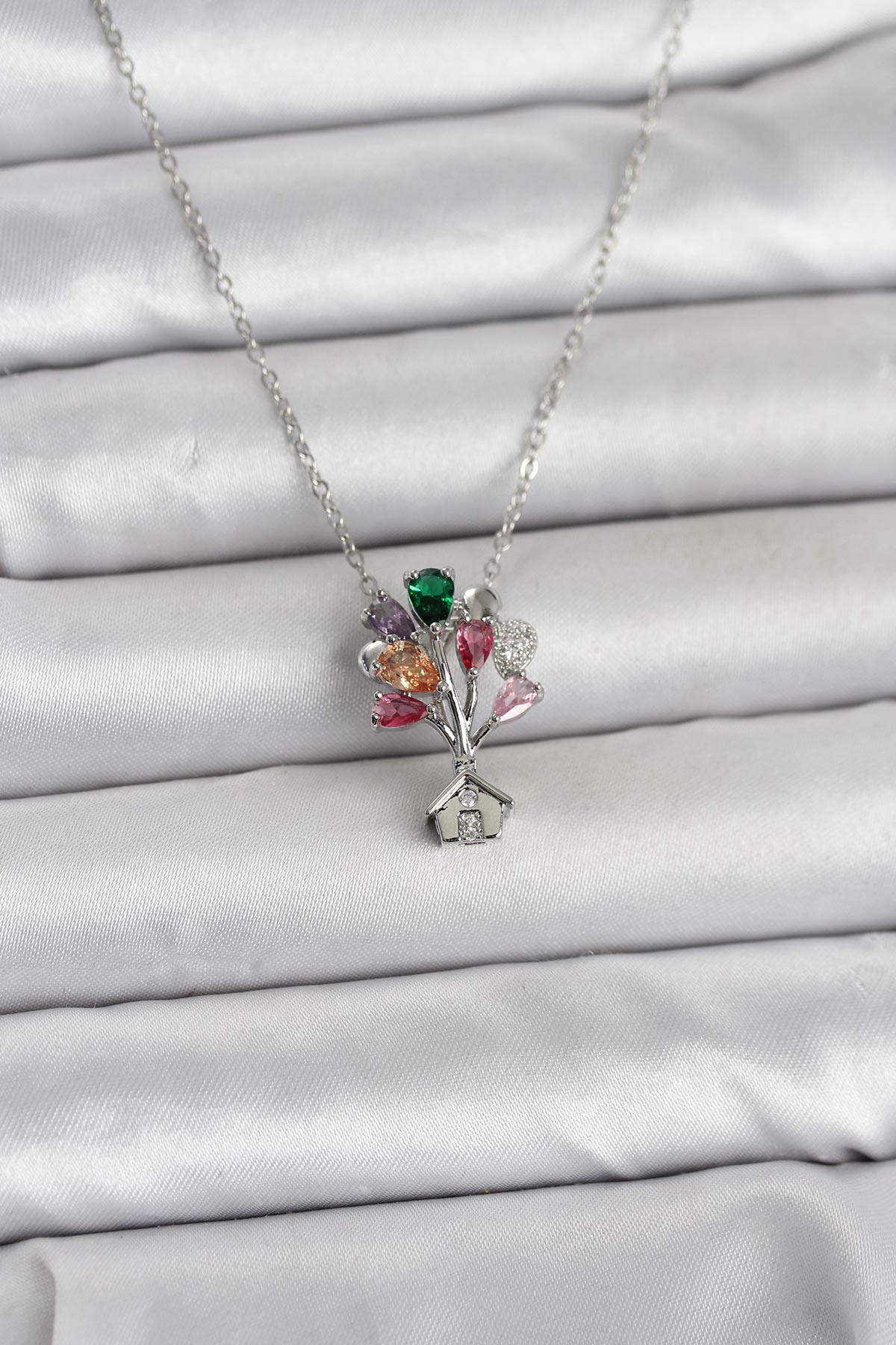 316L Çelik Zincir Gümüş Renk Uçan Balon Ev Figür Kadın Kolye - Lisinya