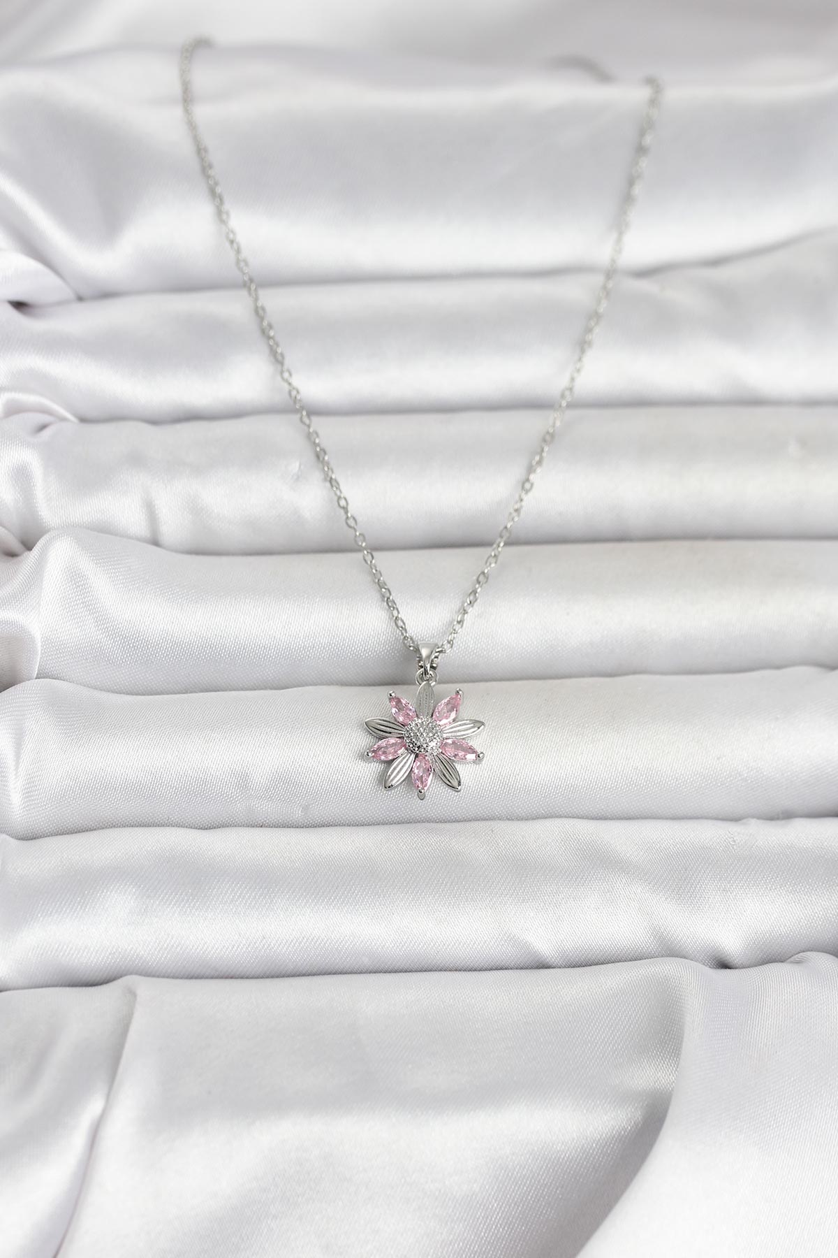 316L Çelik Zincir Gümüş Renk Pembe Papatya Model Kadın Kolye - Lisinya