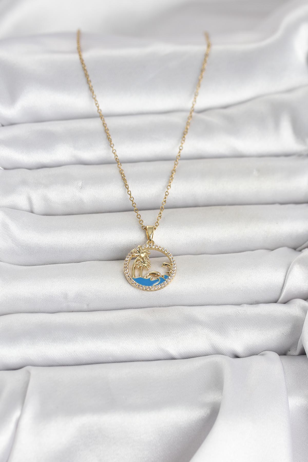 316L Çelik Zincir Gold Renk Zirkon Taşlı Deniz Temalı Kadın Kolye - Lisinya