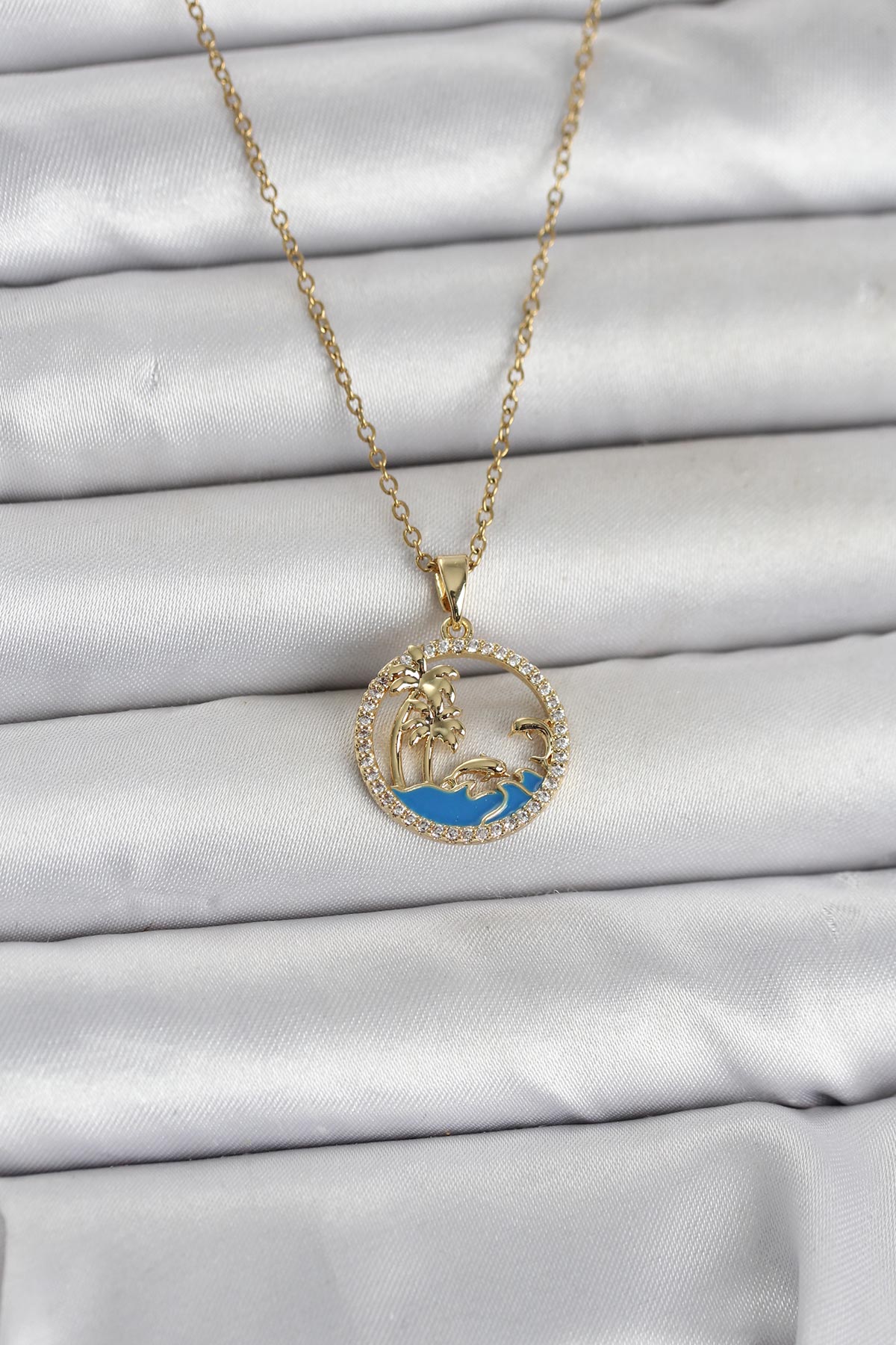 316L Çelik Zincir Gold Renk Zirkon Taşlı Deniz Temalı Kadın Kolye - Lisinya
