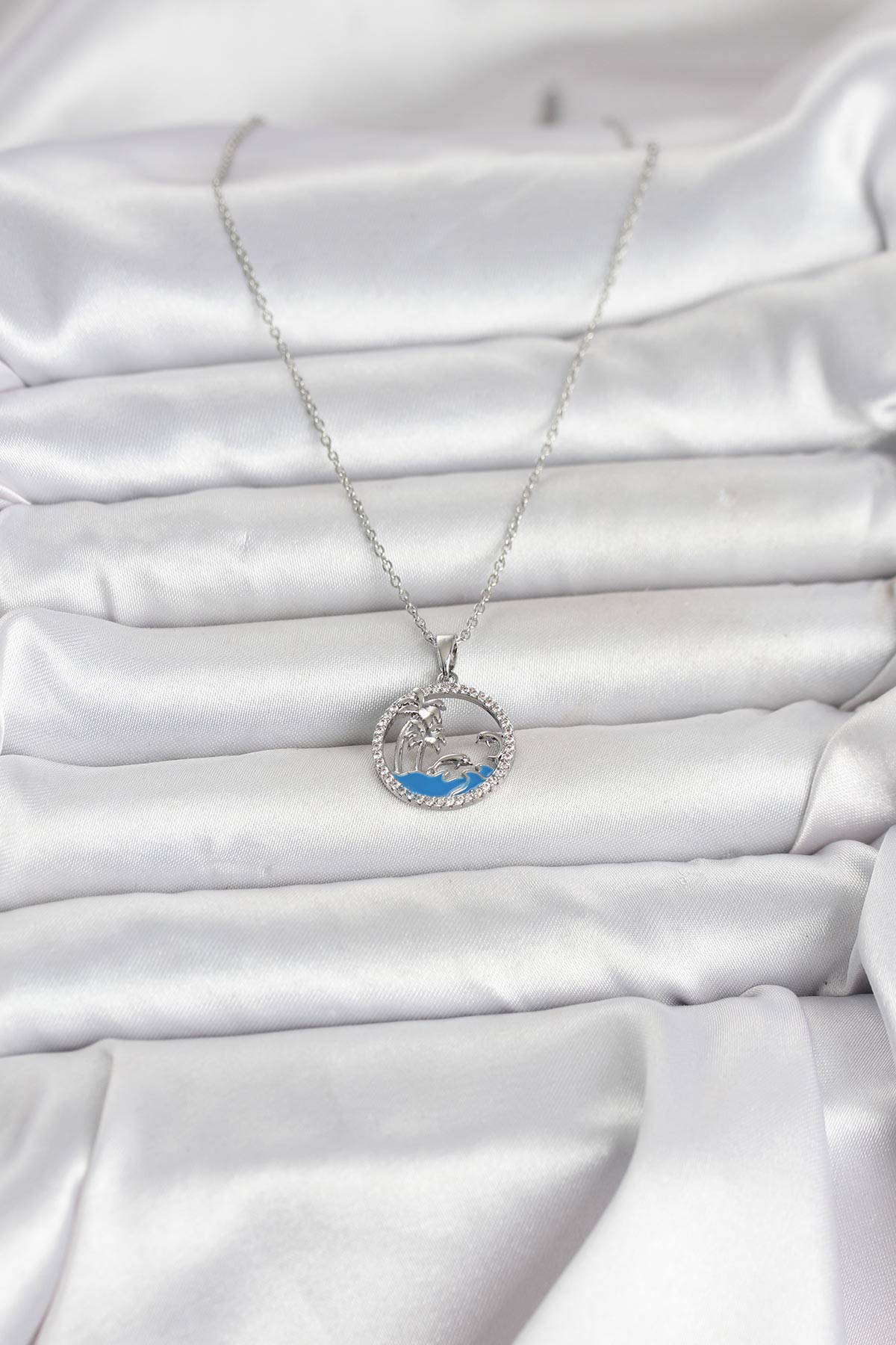 316L Çelik Zincir Gümüş Renk Zirkon Taşlı Deniz Temalı Kadın Kolye - Lisinya