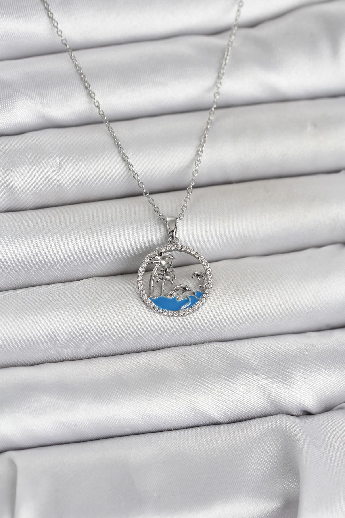 316L Çelik Zincir Gümüş Renk Zirkon Taşlı Deniz Temalı Kadın Kolye - Lisinya