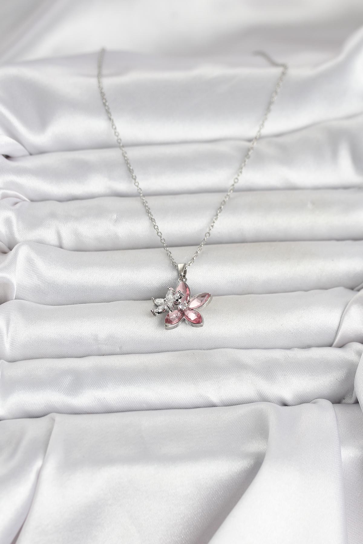 316L Çelik Zincir Gümüş Renk Pembe Lotus Model Kadın Kolye - Lisinya