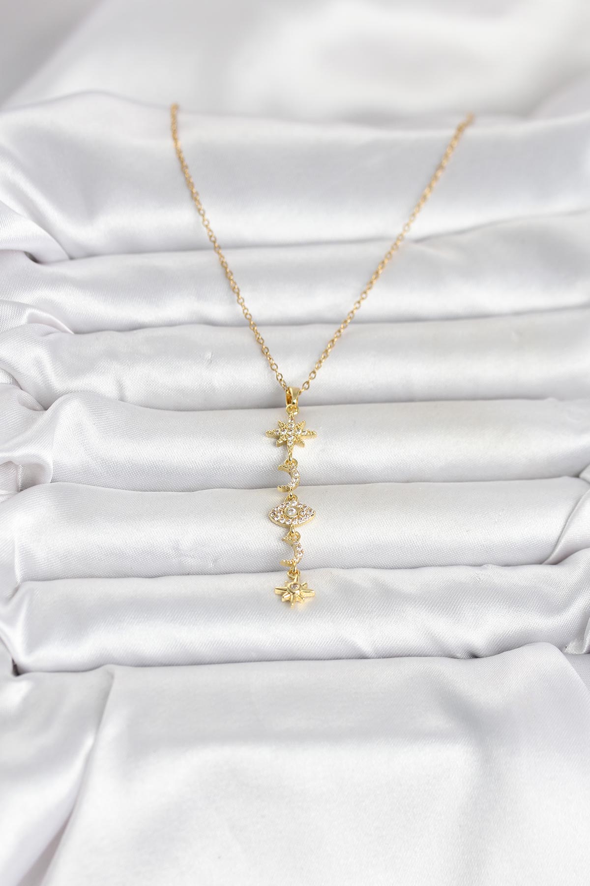 316L Çelik Gold Renk Kutup Yıldızı Y Model Zirkon Taşlı Kadın Kolye - Lisinya