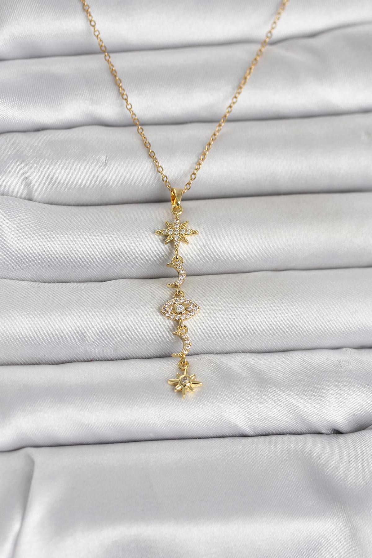 316L Çelik Gold Renk Kutup Yıldızı Y Model Zirkon Taşlı Kadın Kolye - Lisinya