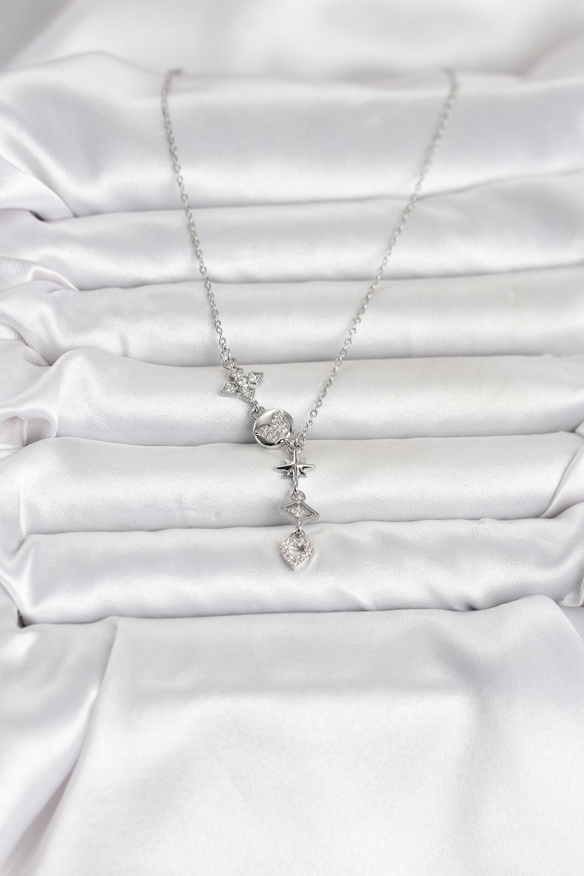 316L Çelik Gümüş Renk Zirkon Taşlı Y Kadın Kolye - Lisinya