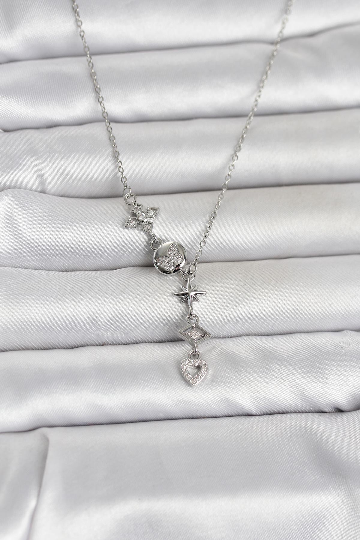 316L Çelik Gümüş Renk Zirkon Taşlı Y Kadın Kolye - Lisinya