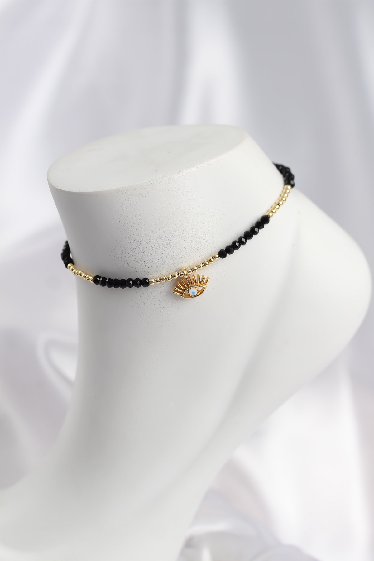 Siyah Renk Boncuklu Nazarlı Göz Figürlü Halhal - Lisinya