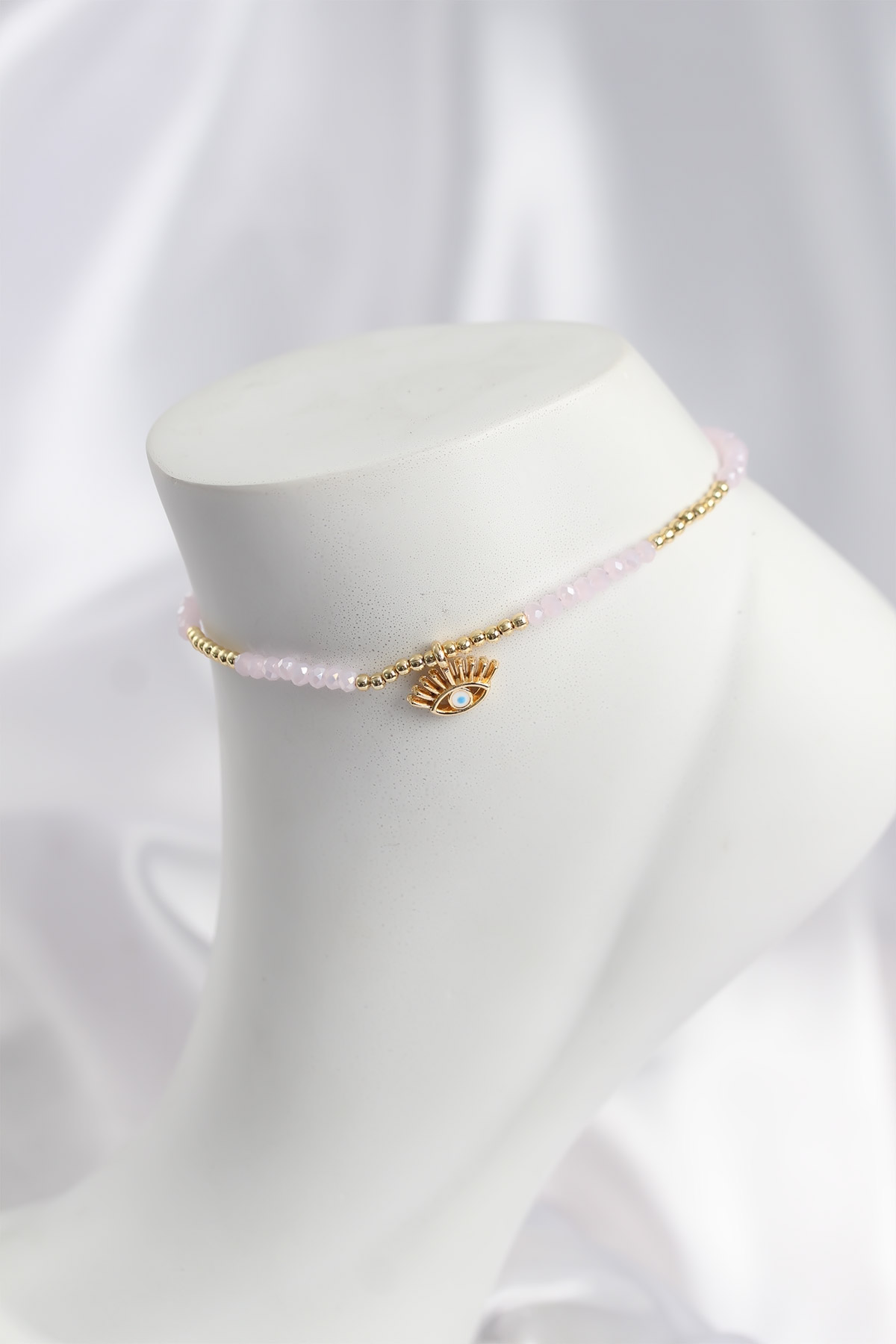 Pembe Renk Boncuklu Nazarlı Göz Figürlü Halhal - Lisinya