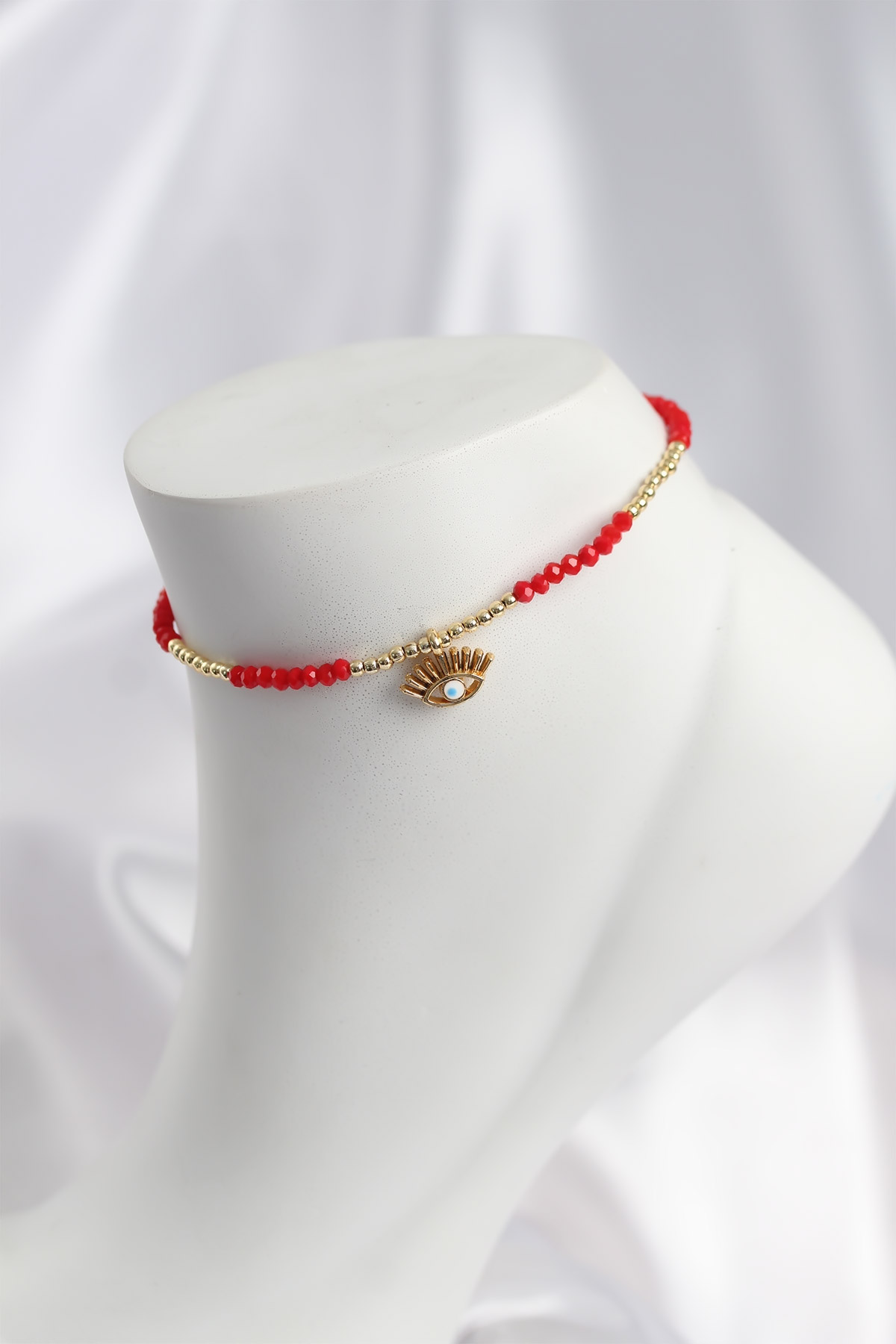 Kırmızı Renk Boncuklu Nazarlı Göz Figürlü Halhal - Lisinya