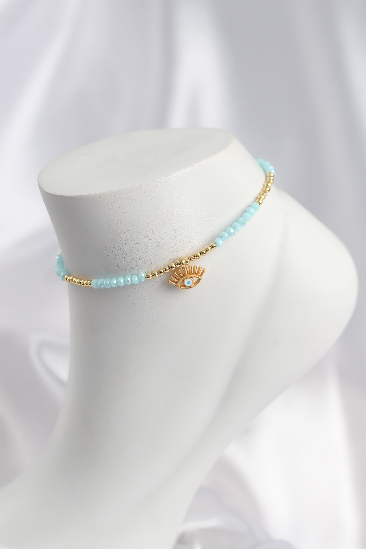 Turkuaz Renk Boncuklu Nazarlı Göz Figürlü Halhal - Lisinya