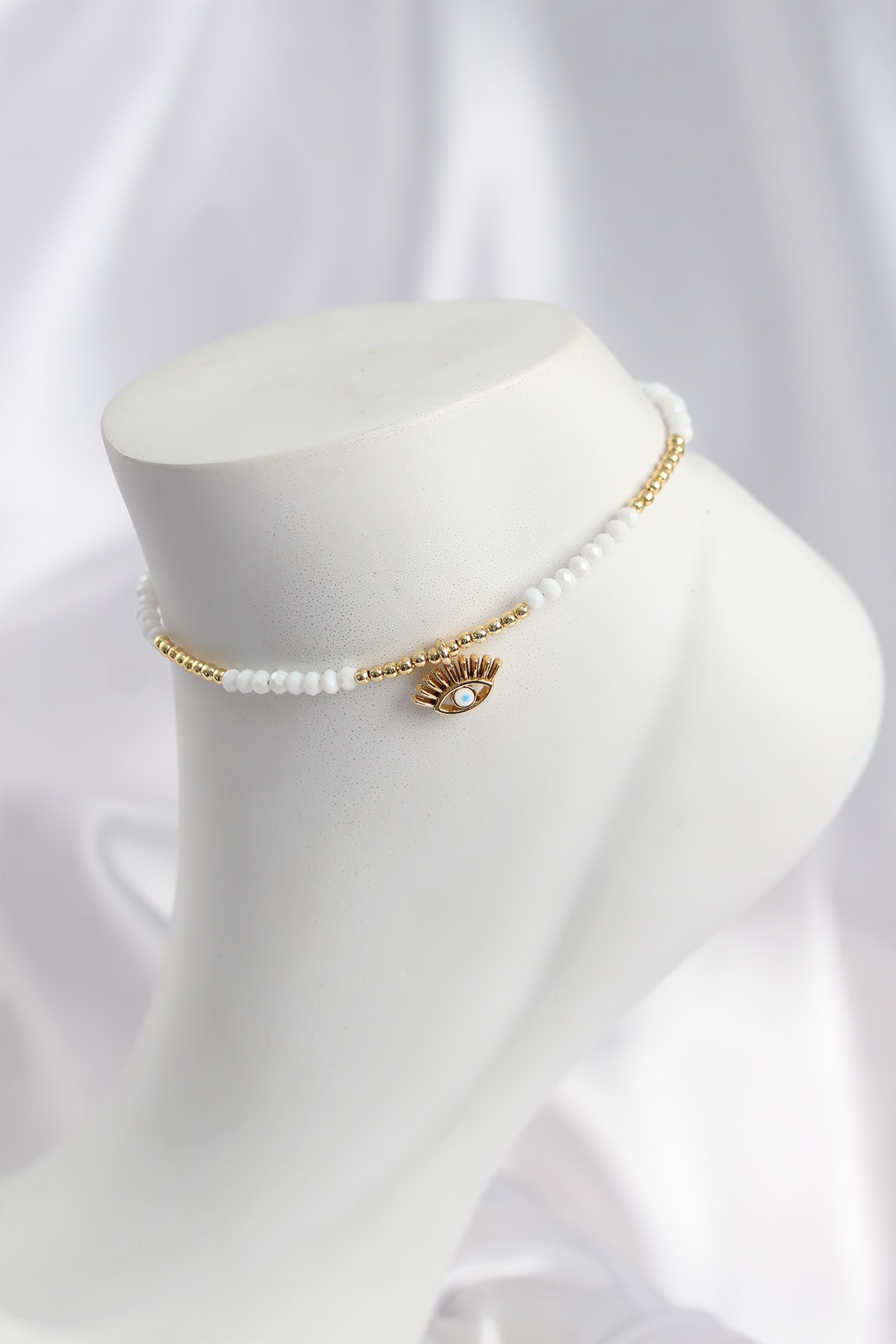 Beyaz Renk Boncuklu Nazarlı Göz Figürlü Halhal - Lisinya