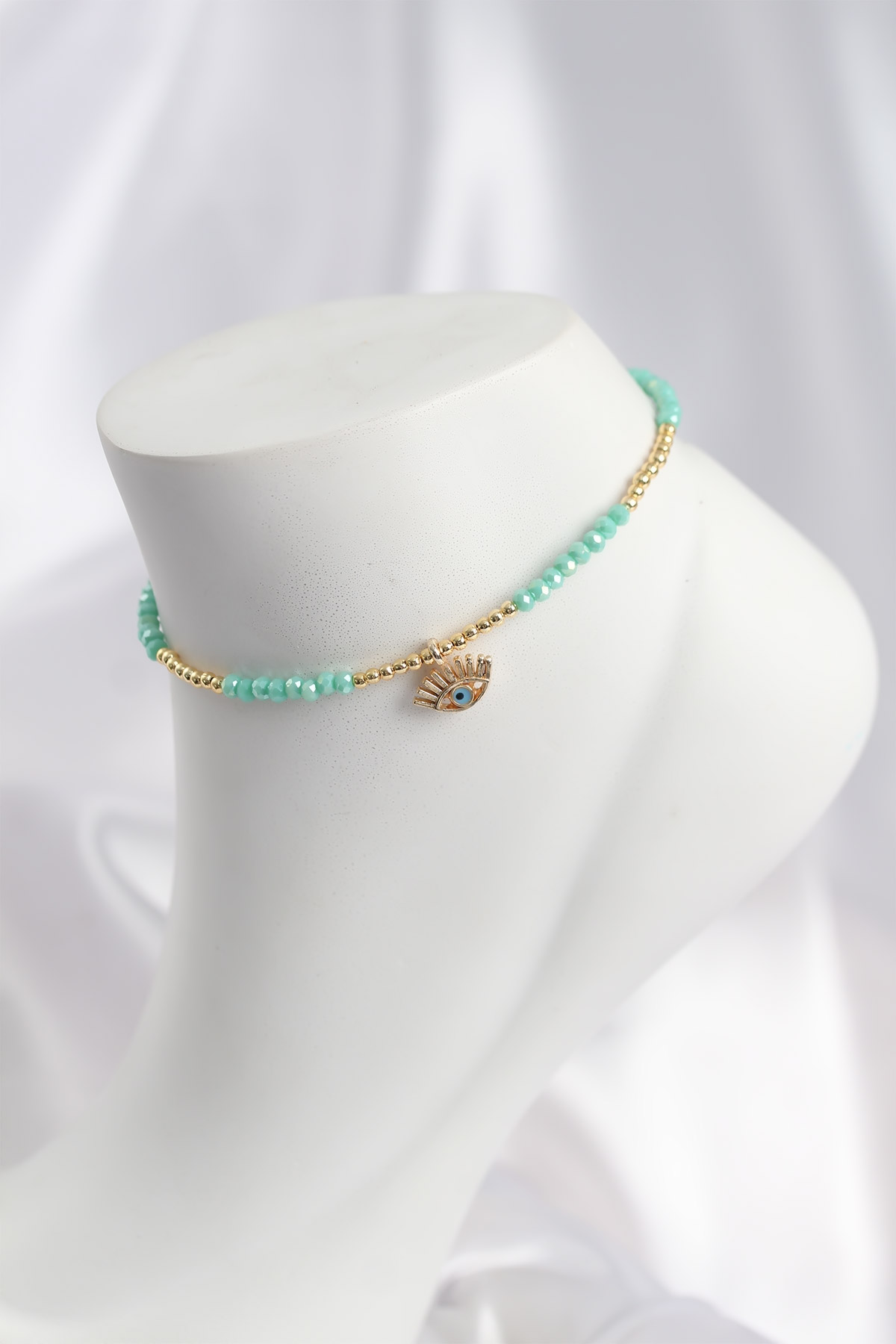 Su Yeşili Renk Boncuklu Nazarlı Göz Figürlü Halhal - Lisinya