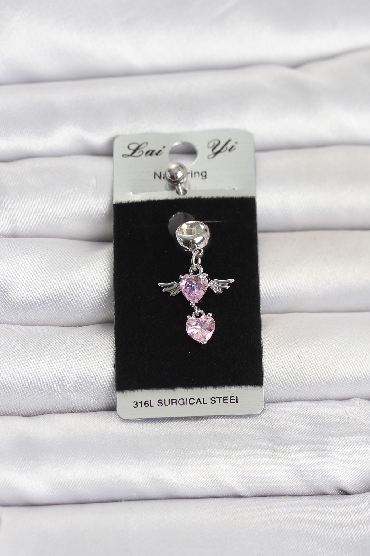 316L Cerrahi Çelik Pembe Zirkon Taşlı Kanat Model Göbek Piercing - Lisinya