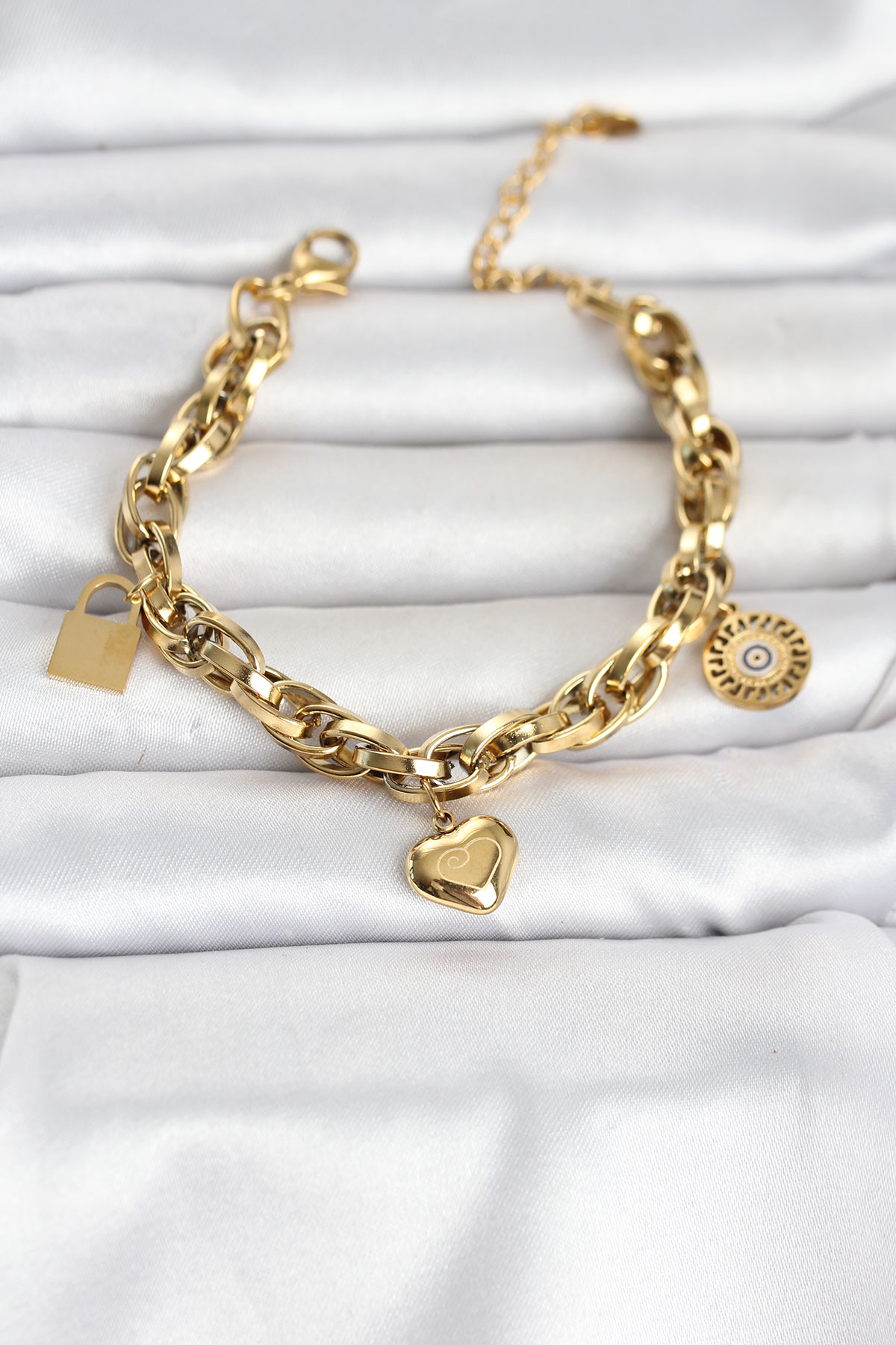 316L Çelik Gold Renk Charmlı Kalın Burgu Model Kadın Bileklik - Lisinya 316L Çelik Gold Renk Charmlı Kalın Burgu Model Kadın Bileklik - Lisinya