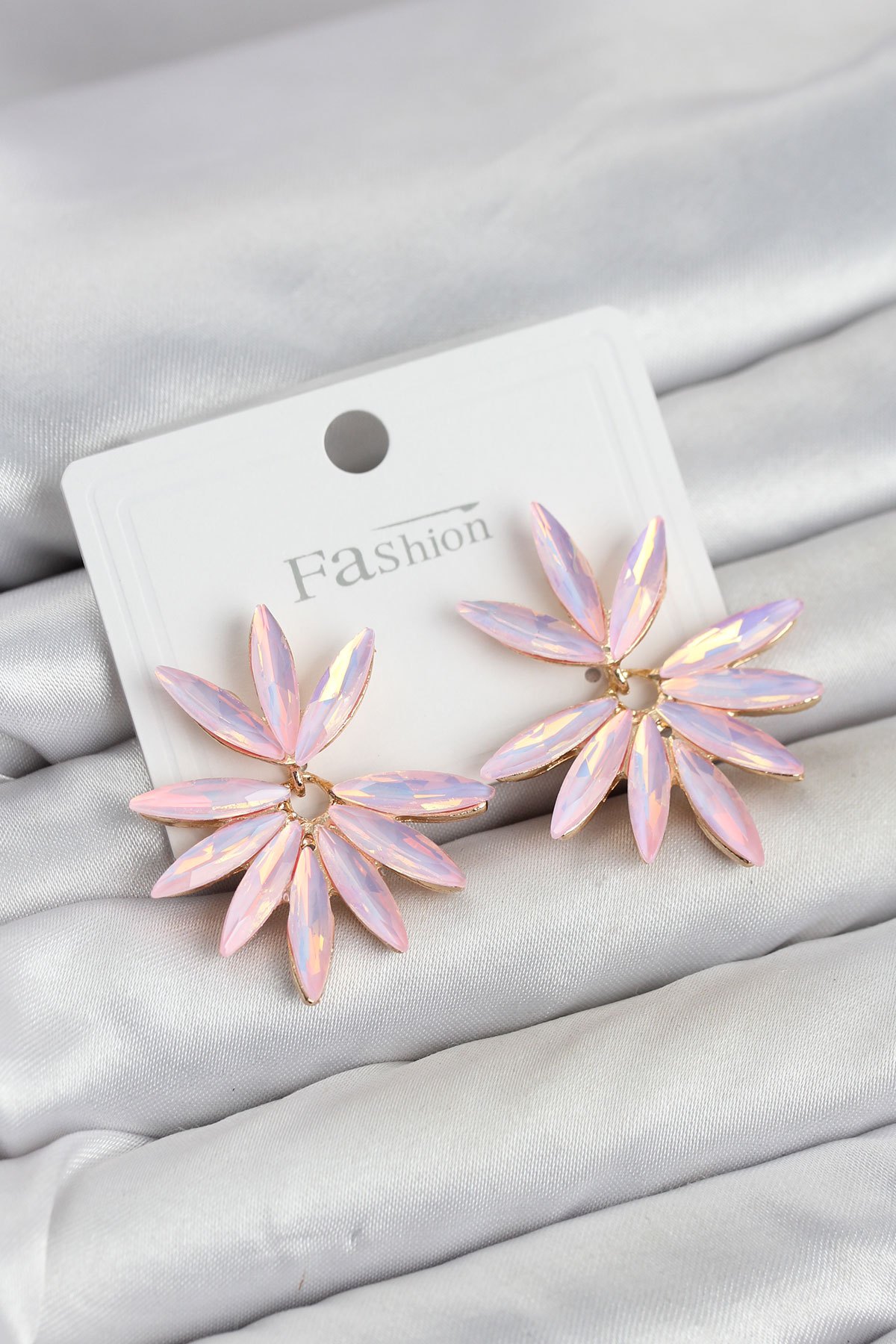 Pembe Renk Kristal Taşlı Lotus Model Kadın Küpe - Lisinya