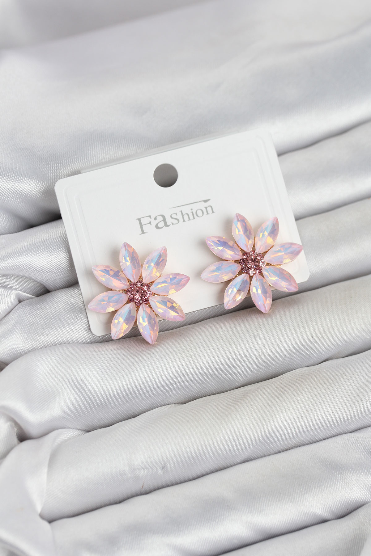 Pembe Renk Kristal Taşlı Lotus Çiçek Model Kadın Küpe - Lisinya