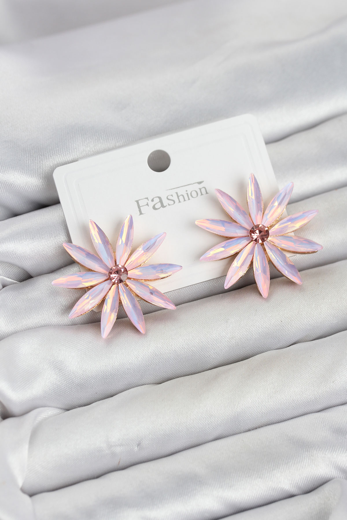 Pembe Kristal Taşlı Lotus Model Kadın Küpe - Lisinya