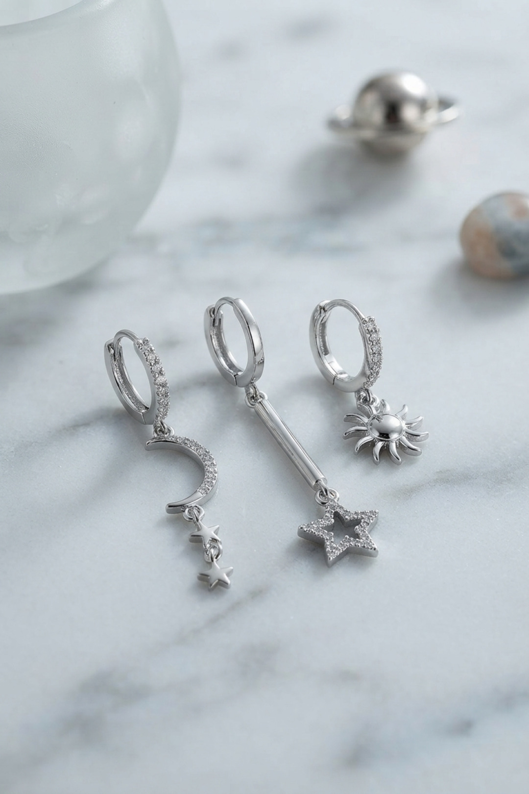 3 lü Set Ay Yıldız ve Güneş Model Gümüş Renk Kadın Küpe - Lisinya 3 lü Set Ay Yıldız ve Güneş Model Gümüş Renk Kadın Küpe - Lisinya