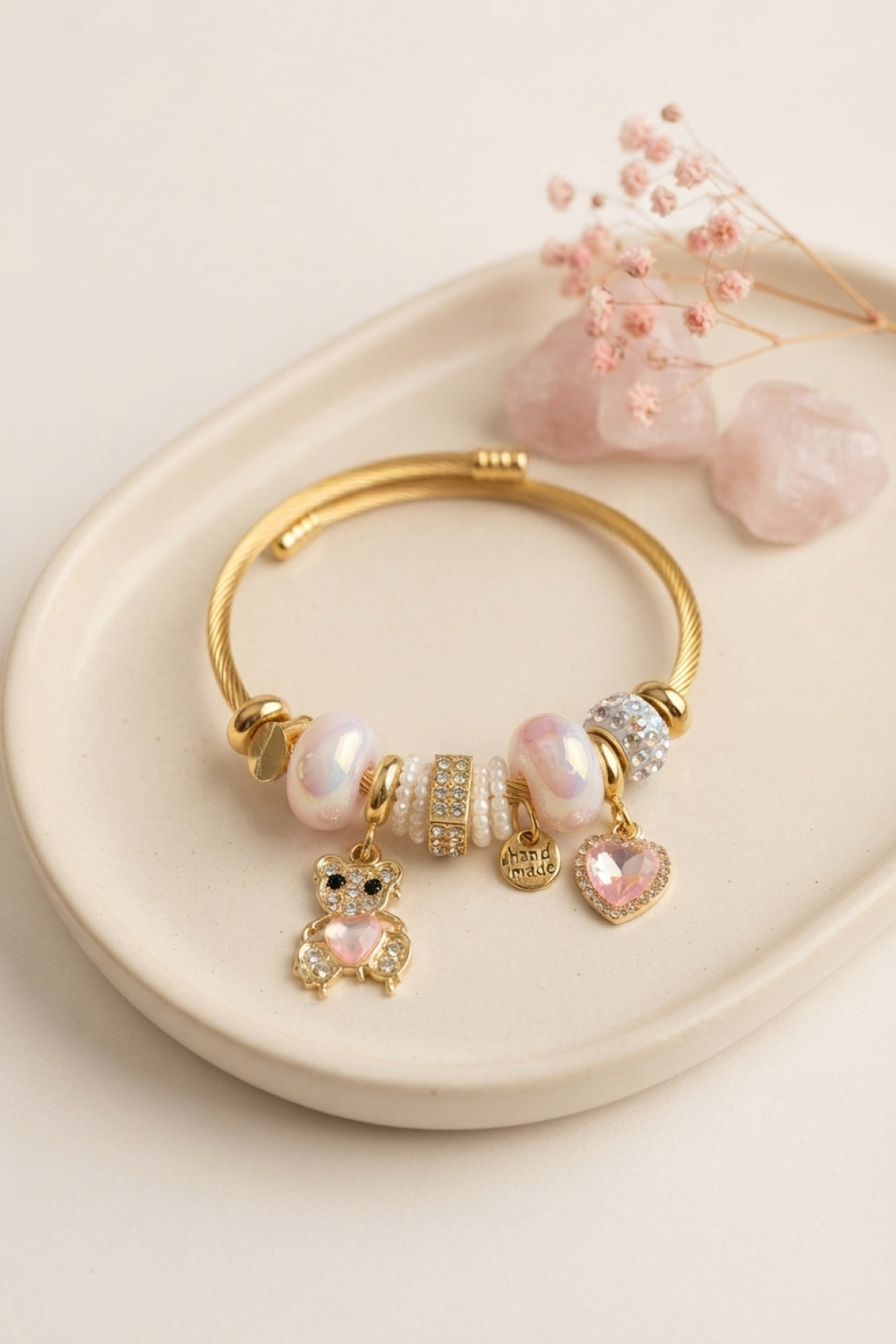 Tedy Bear Model Gold Renk Pembe Charmlı Bileklik - Lisinya Tedy Bear Model Gold Renk Pembe Charmlı Bileklik - Lisinya