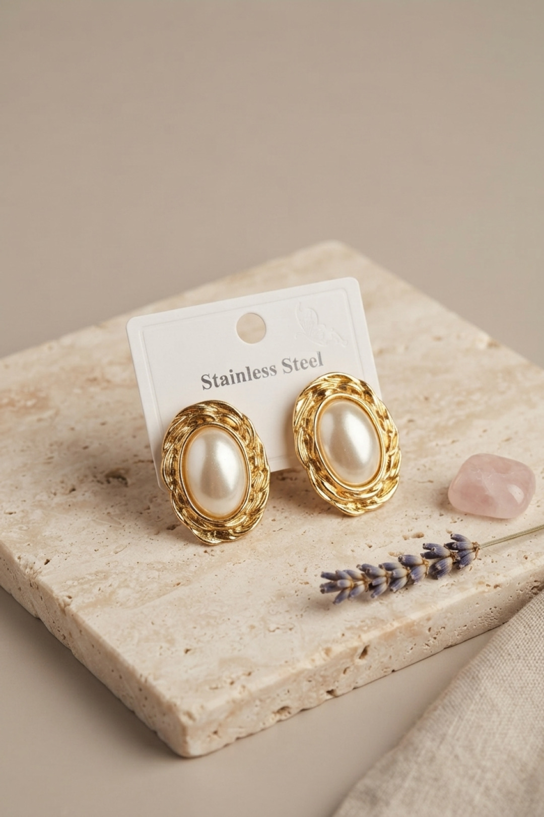 316L Gold Renk Gold Renk Vintage Beyaz İncili Model Küpe - Lisinya