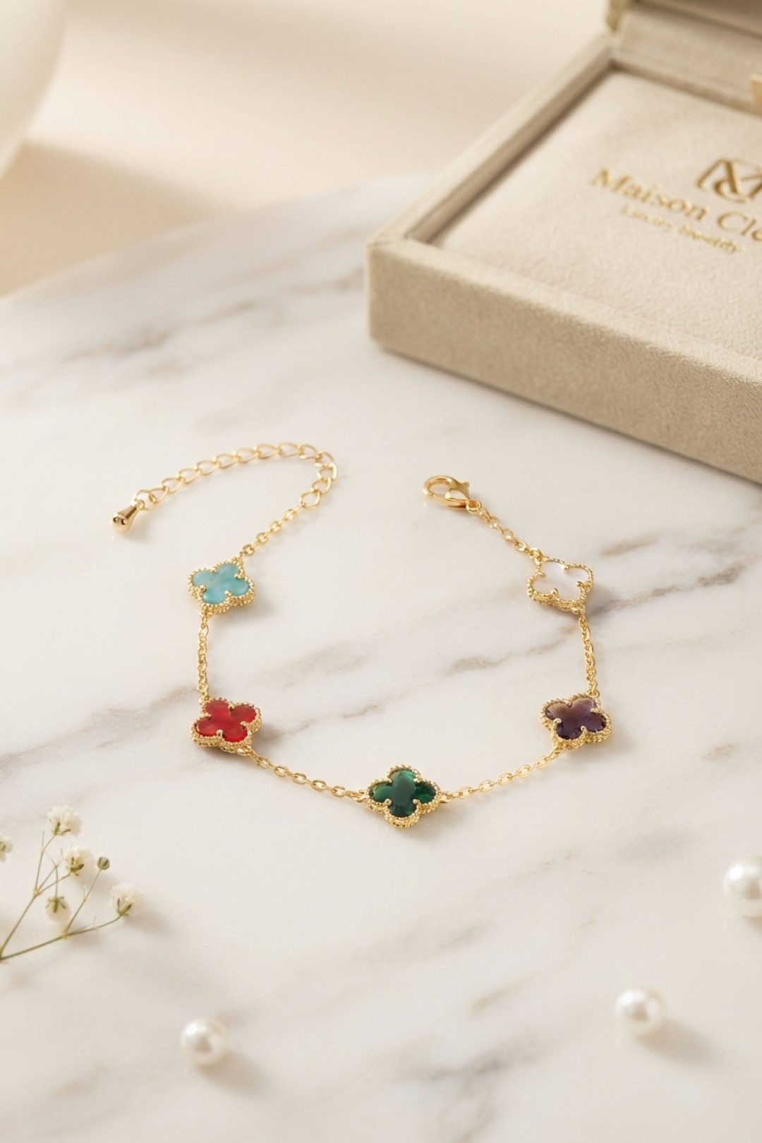 Renkli Kristal Taşlı Gold Renk Yonca Model Kadın Bileklik - Lisinya